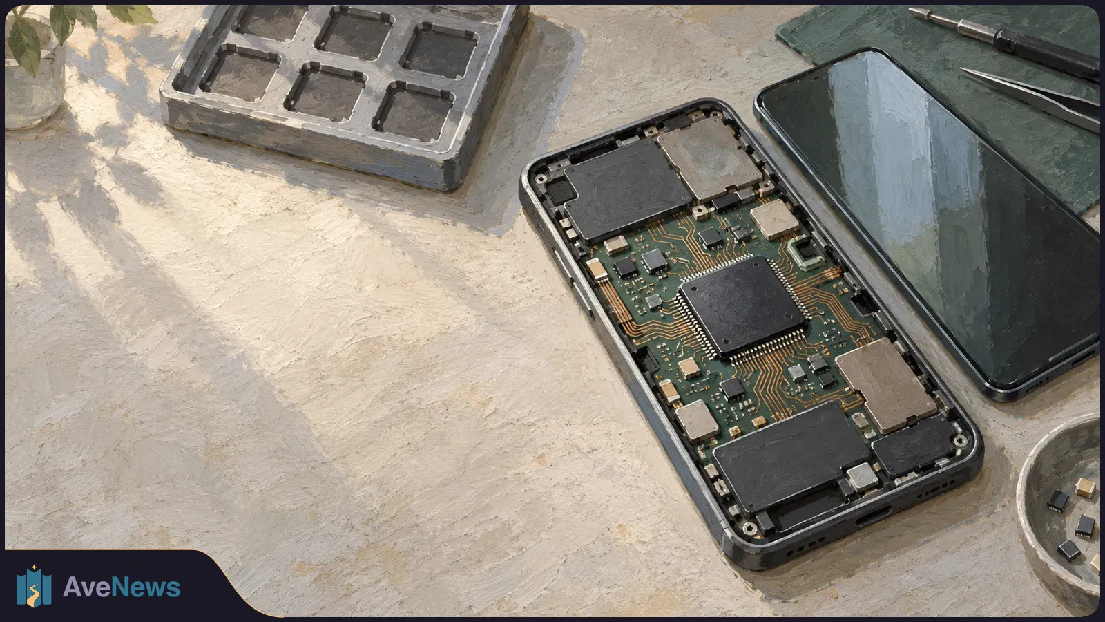 Painterly illustration of an opened smartphone with its circuit board and central chip exposed, beside a blank screen, small parts and repair tools. SI illustration