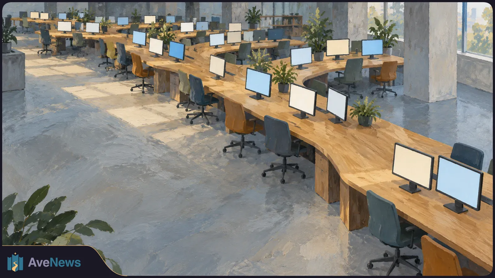 Illustration of an empty open-plan office with long wooden desks, rows of blank computer screens, rolling chairs and potted plants. SI illustration
