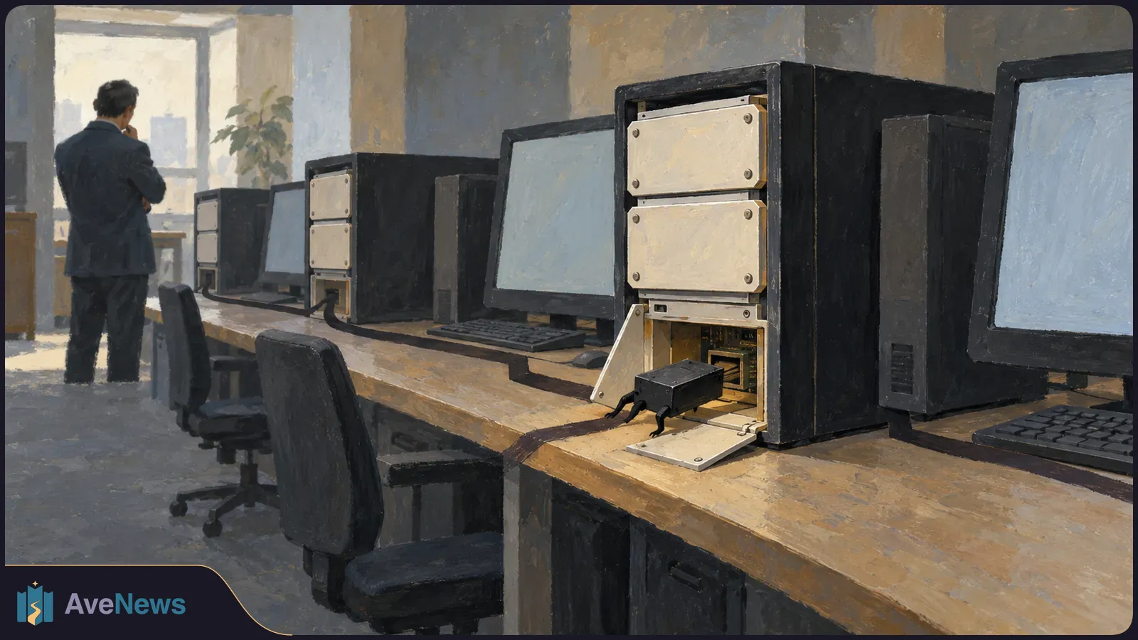 Painterly office scene with a row of desktop computers on a long desk. The nearest tower has an open lower panel with a black device and cables; a person stands by a window. SI illustration