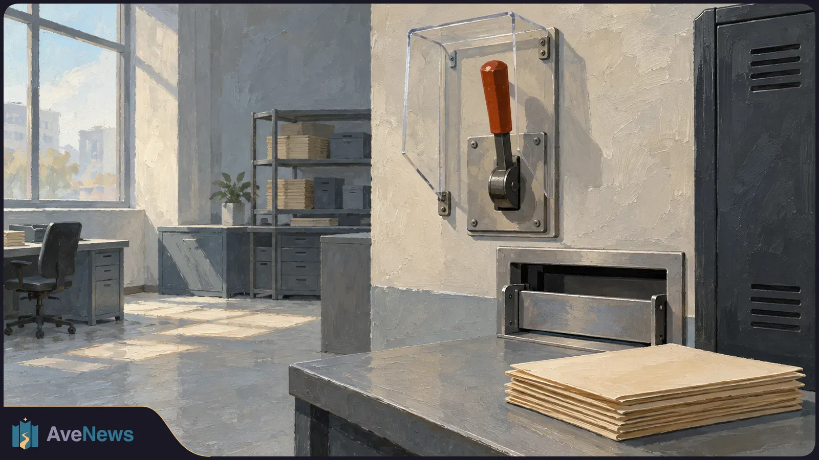 Painted office interior with an orange-handled lever under a clear cover above a metal slot; a stack of tan folders rests on the foreground counter. SI illustration
