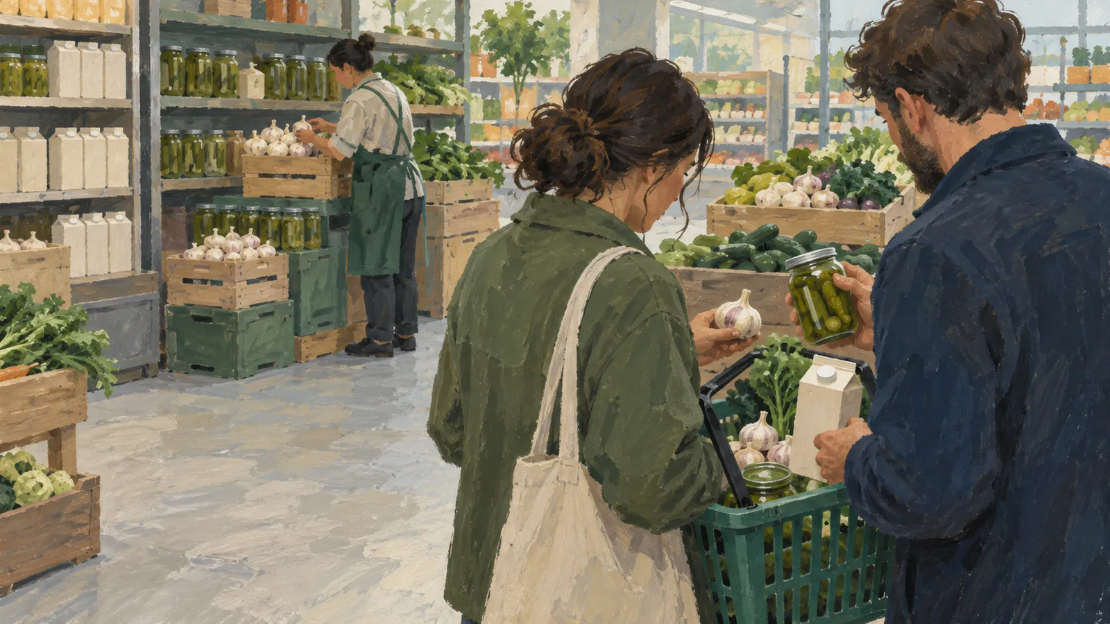 A painted grocery scene shows two shoppers holding garlic and a jar of gherkins beside a basket, while a worker arranges produce behind them. SI illustration
