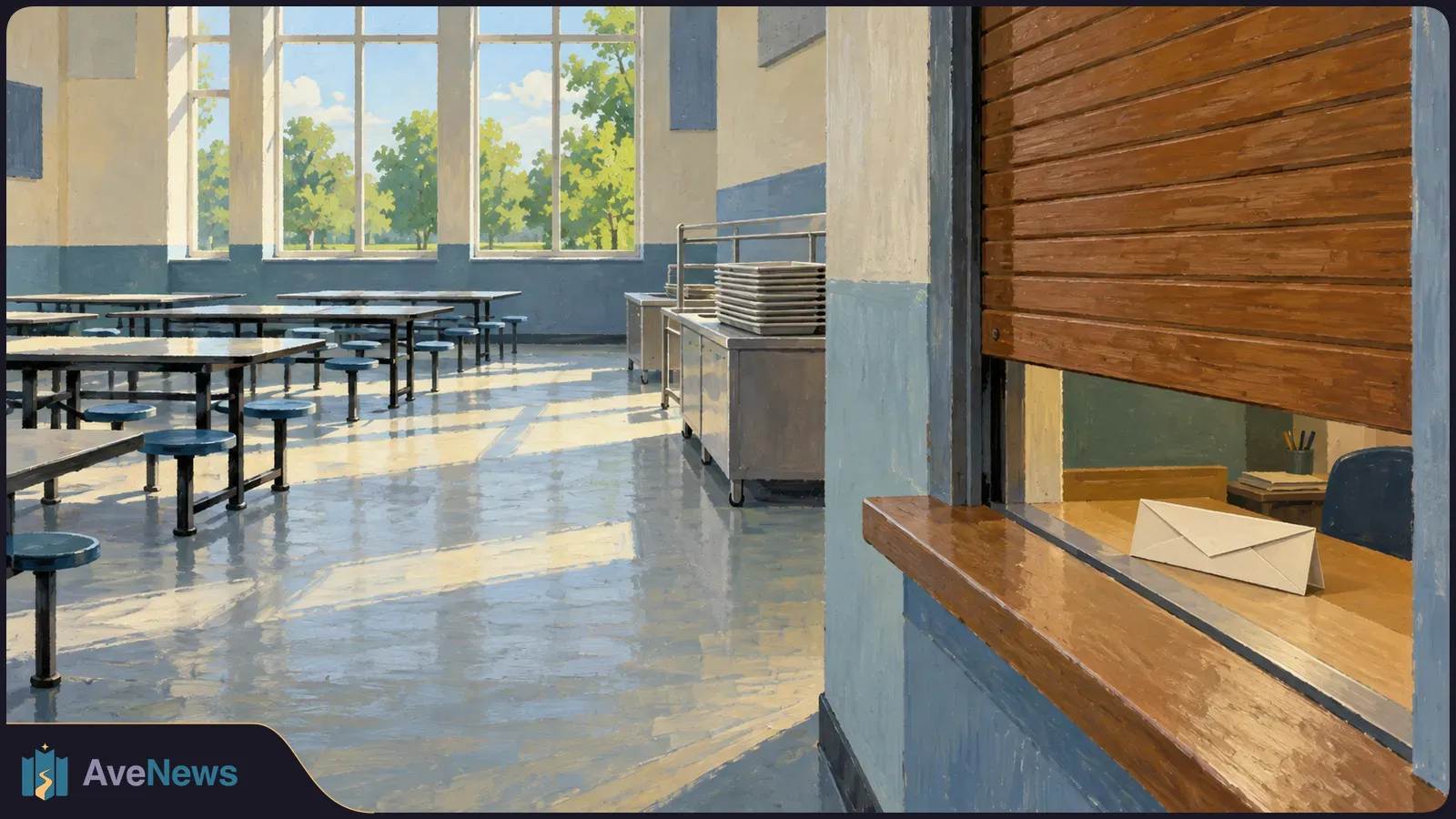 Painted empty school dining hall with tables, stools and stacked trays; a plain envelope rests on the counter of a shuttered service window. SI illustration