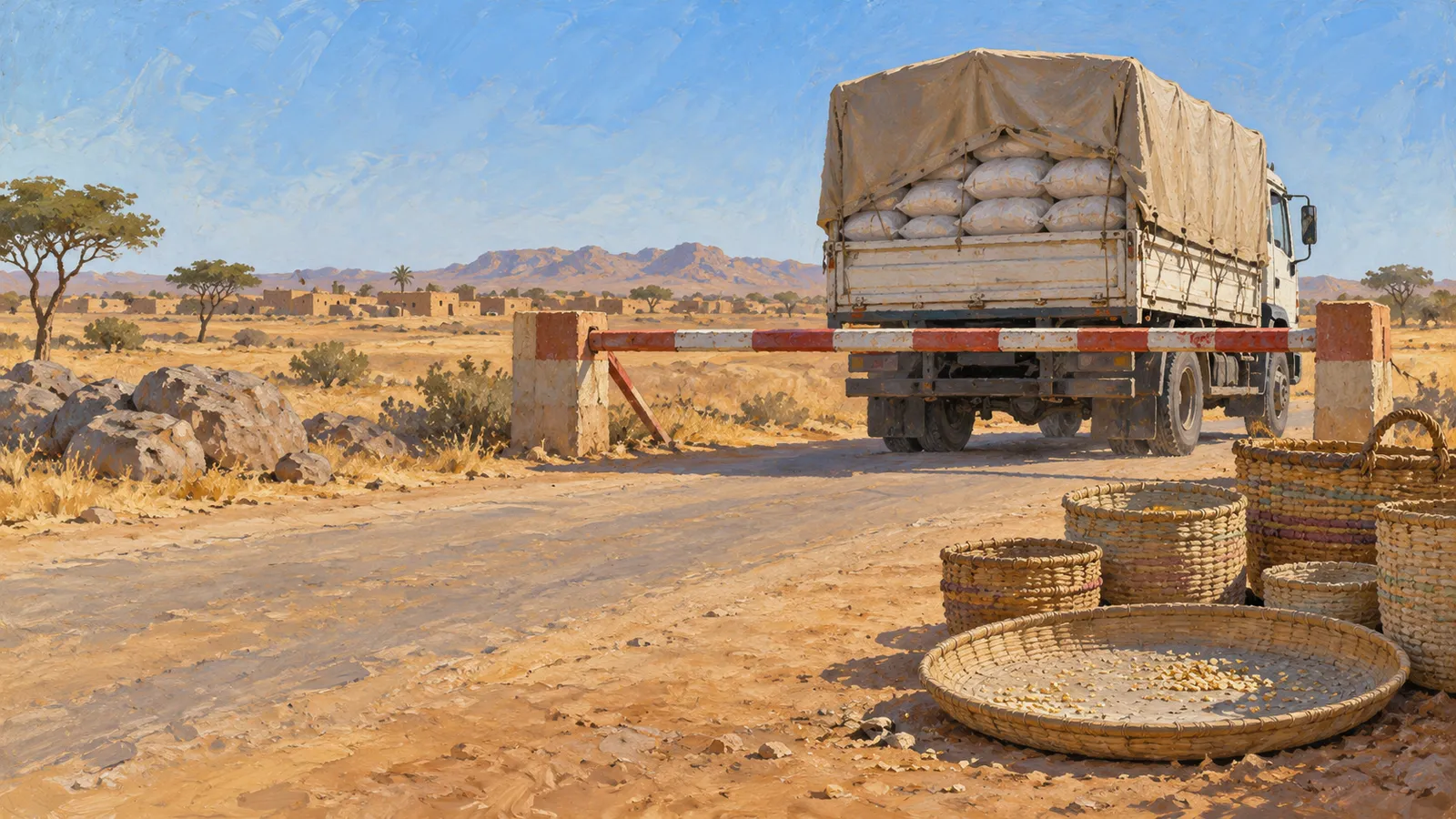 A painted scene shows a truck loaded with sacks beyond a lowered road barrier, with woven baskets in the foreground and a dry settlement in the distance. SI illustration