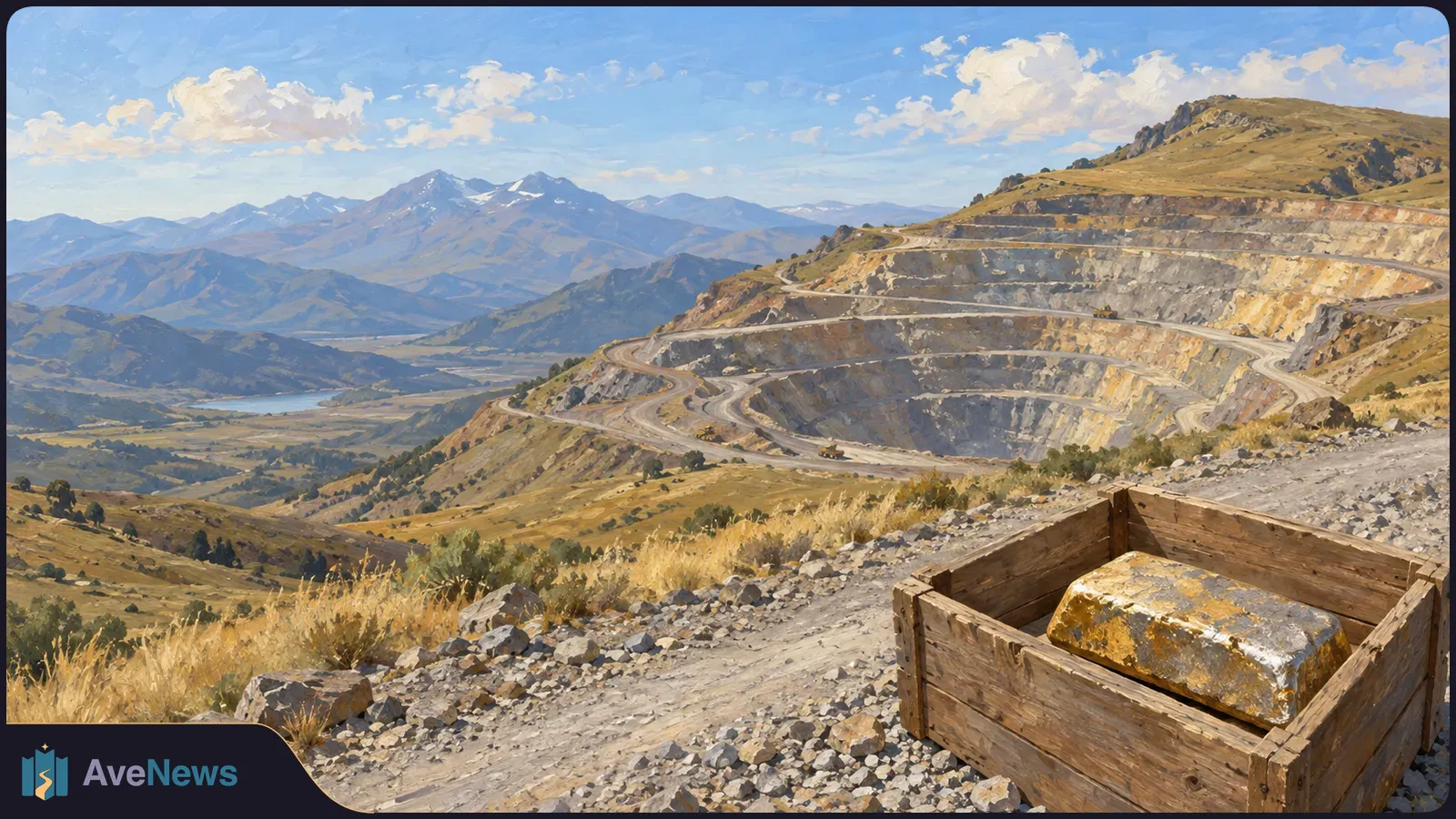 Painted mountain landscape with a terraced open-pit mine and winding haul roads; a wooden crate holding a gold-colored metal block sits on the rocky slope in front. SI illustration