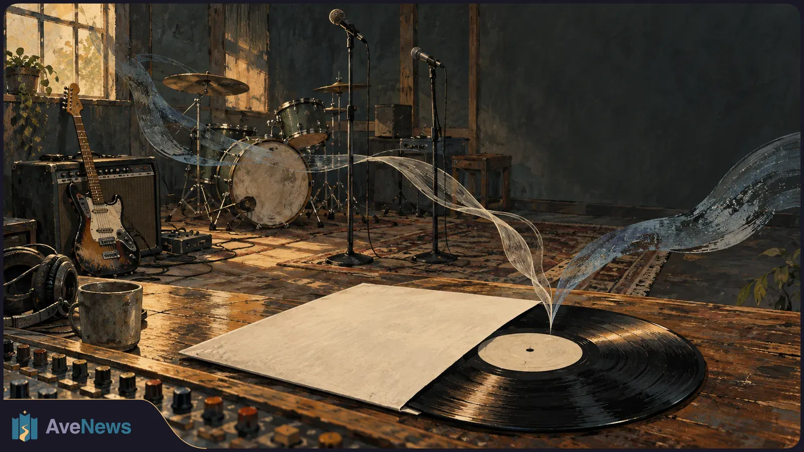 A vinyl record and blank sleeve lie on a mixing desk. Translucent ribbons sweep past microphones toward a drum kit and guitar in a dim music room. SI illustration