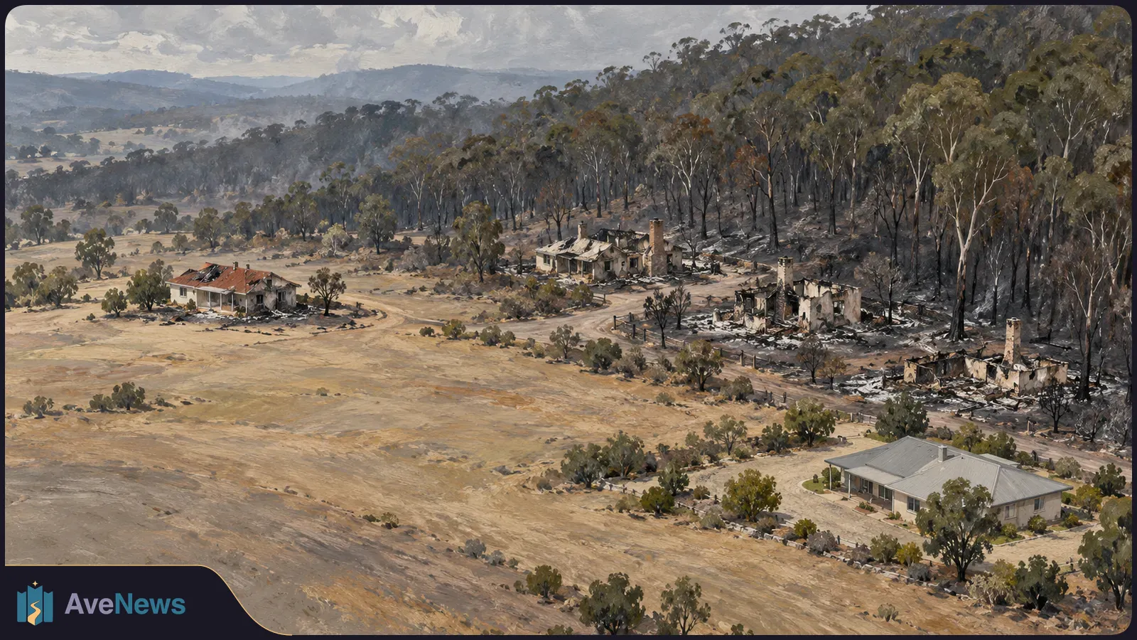 Illustrated aerial view of burned houses beside a blackened wooded hillside, with an intact house and dry fields in the foreground. SI illustration
