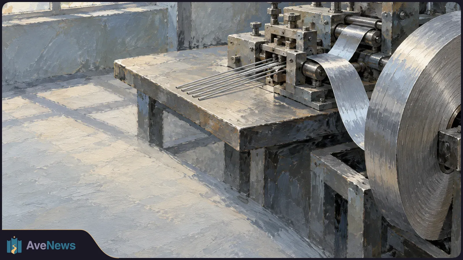 A large metal coil feeds a strip through factory machinery, with several thin metal rods extending over a worktable. The scene is painted in muted grays. SI illustration