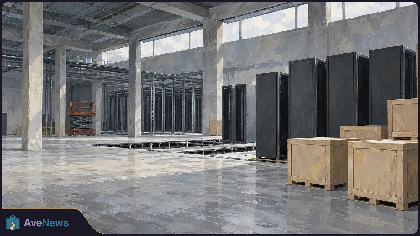 Painted view of a large unfinished data-centre interior, with rows of dark server cabinets, wooden crates and an orange scissor lift. SI illustration