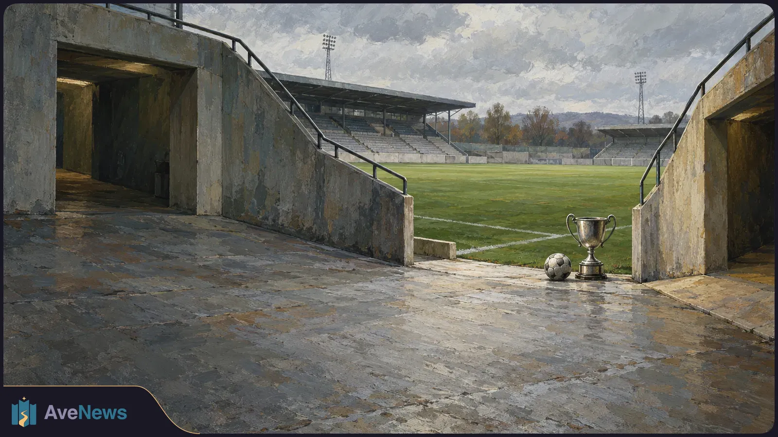 An empty football stadium seen between concrete tunnels, with a silver trophy and ball beside the pitch under a cloudy sky. SI illustration