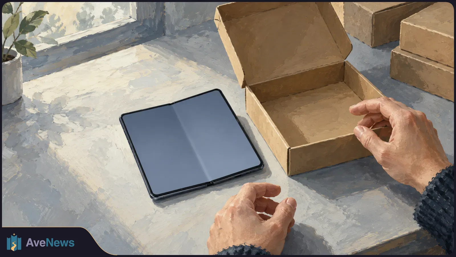 Illustration of two hands beside an open cardboard box and a foldable device with a blank gray screen on a sunlit table. SI illustration