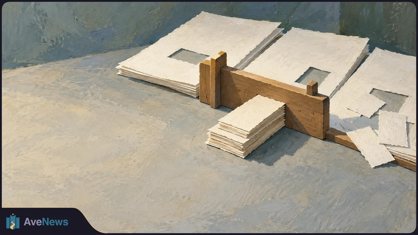 Painterly illustration of blank paper stacks with rectangular cutouts, a wooden divider, and loose sheets on a gray tabletop. SI illustration