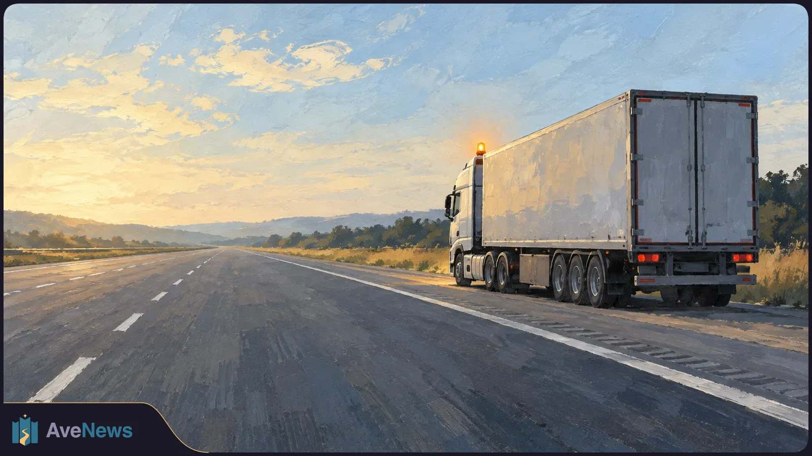 A white semitrailer truck stands on a highway shoulder, with an amber beacon glowing above its cab under a sunset sky. SI illustration