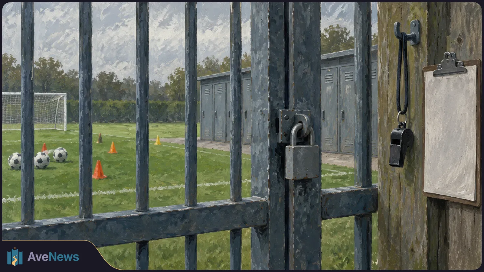Painted view through a padlocked metal gate onto a soccer field with balls, cones and a goal. Lockers stand beyond the field; a whistle and blank clipboard hang nearby. SI illustration