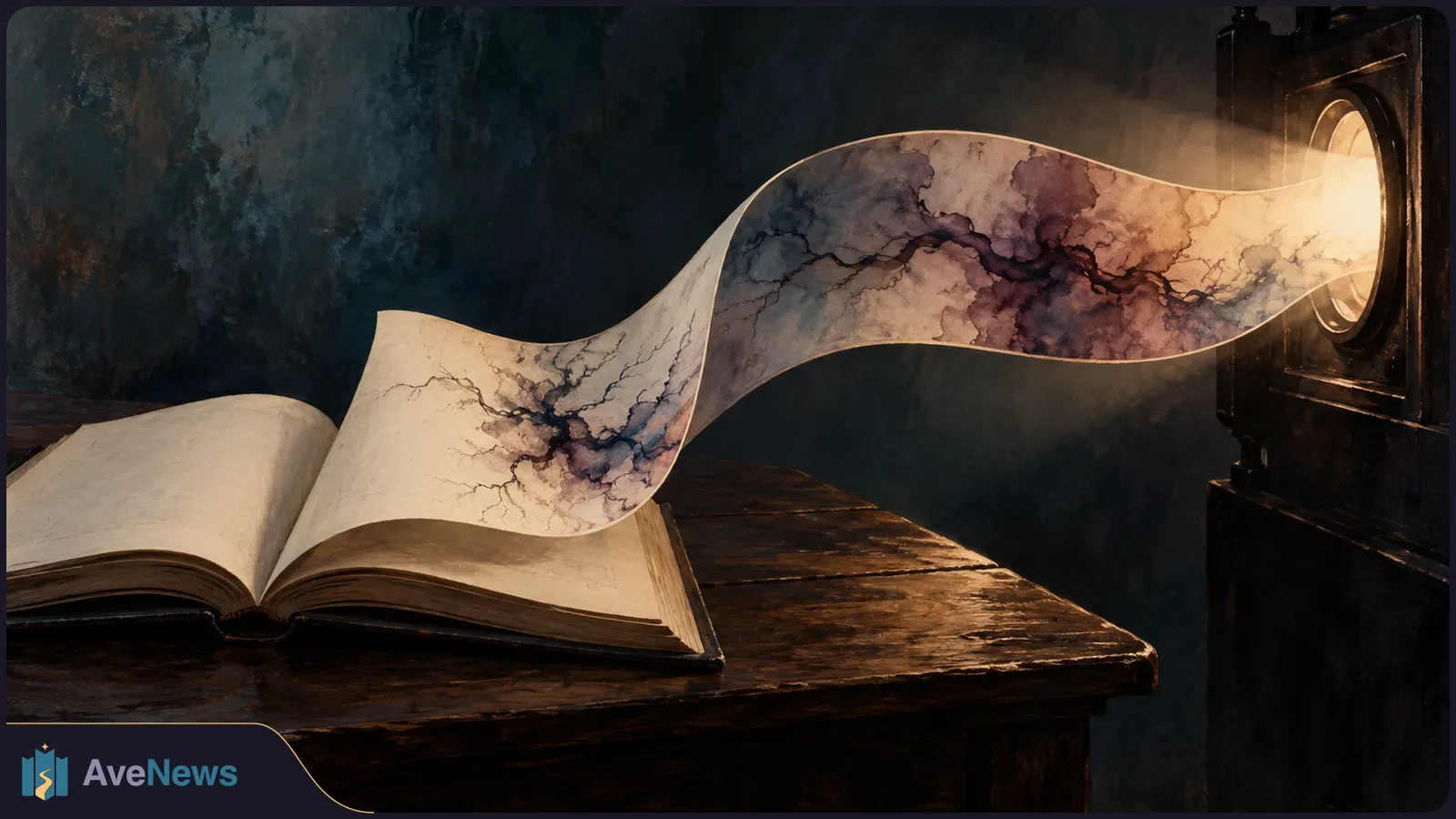 An open book on a dark wooden table sends a marbled, ribbon-like page toward a glowing lens in a projector-like machine. SI illustration