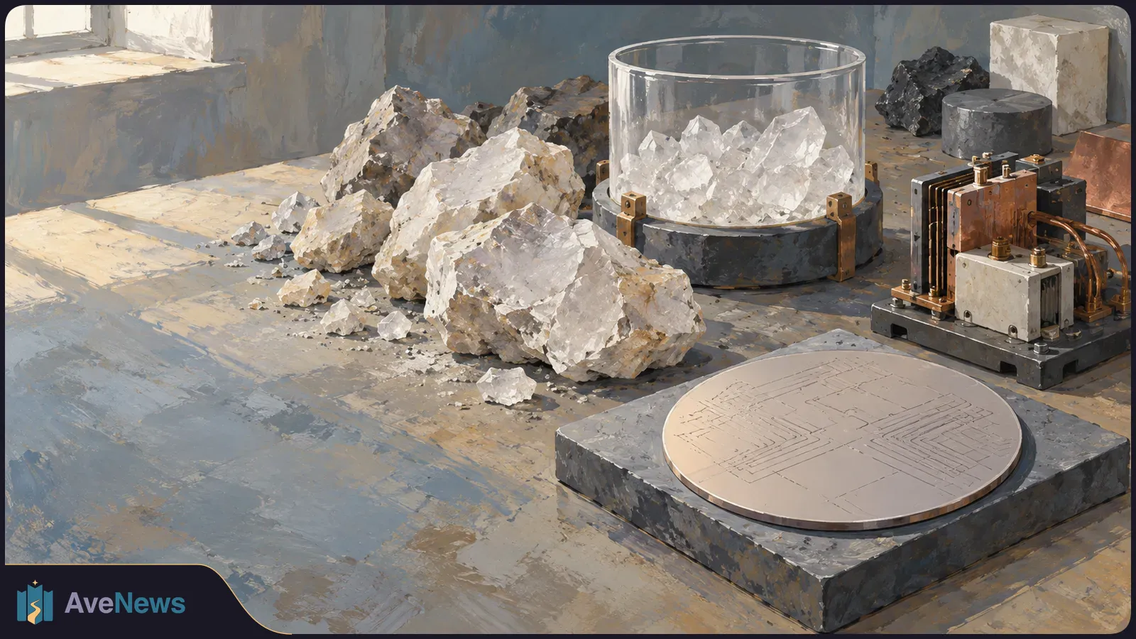 Illustration of pale mineral rocks beside a glass cylinder filled with crystals, a copper-and-black apparatus, and a round etched disc on a workbench. SI illustration