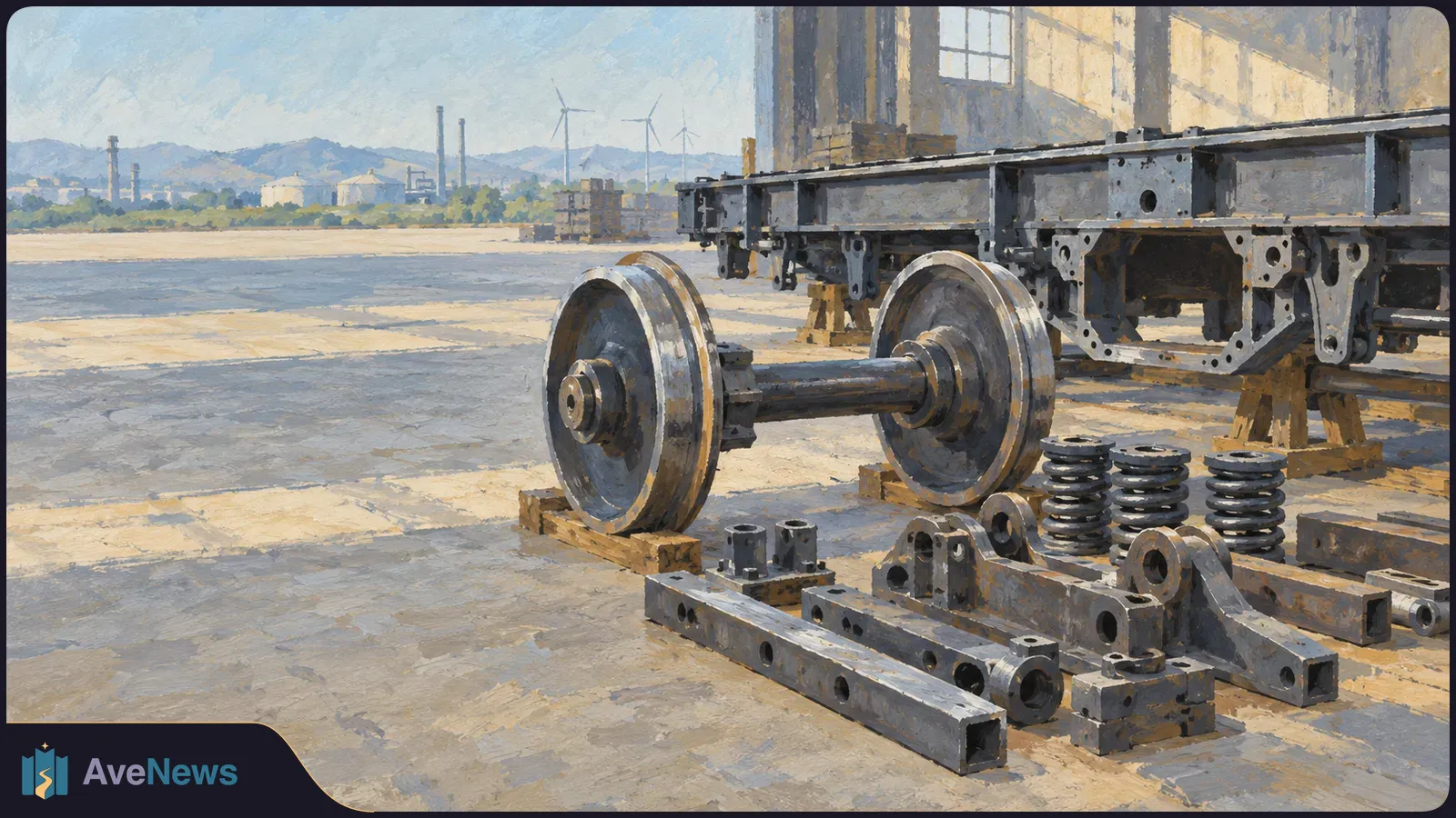 Illustration of a railway wheelset, metal frame and springs laid out in an industrial yard, with factory buildings and wind turbines in the distance. SI illustration