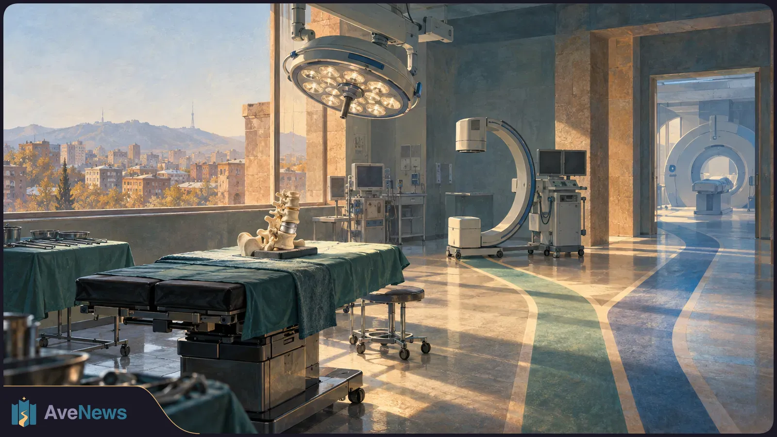 Sunlit operating room with a spine model on a draped surgical table, an overhead lamp, imaging machines, and a city view through a large window. SI illustration