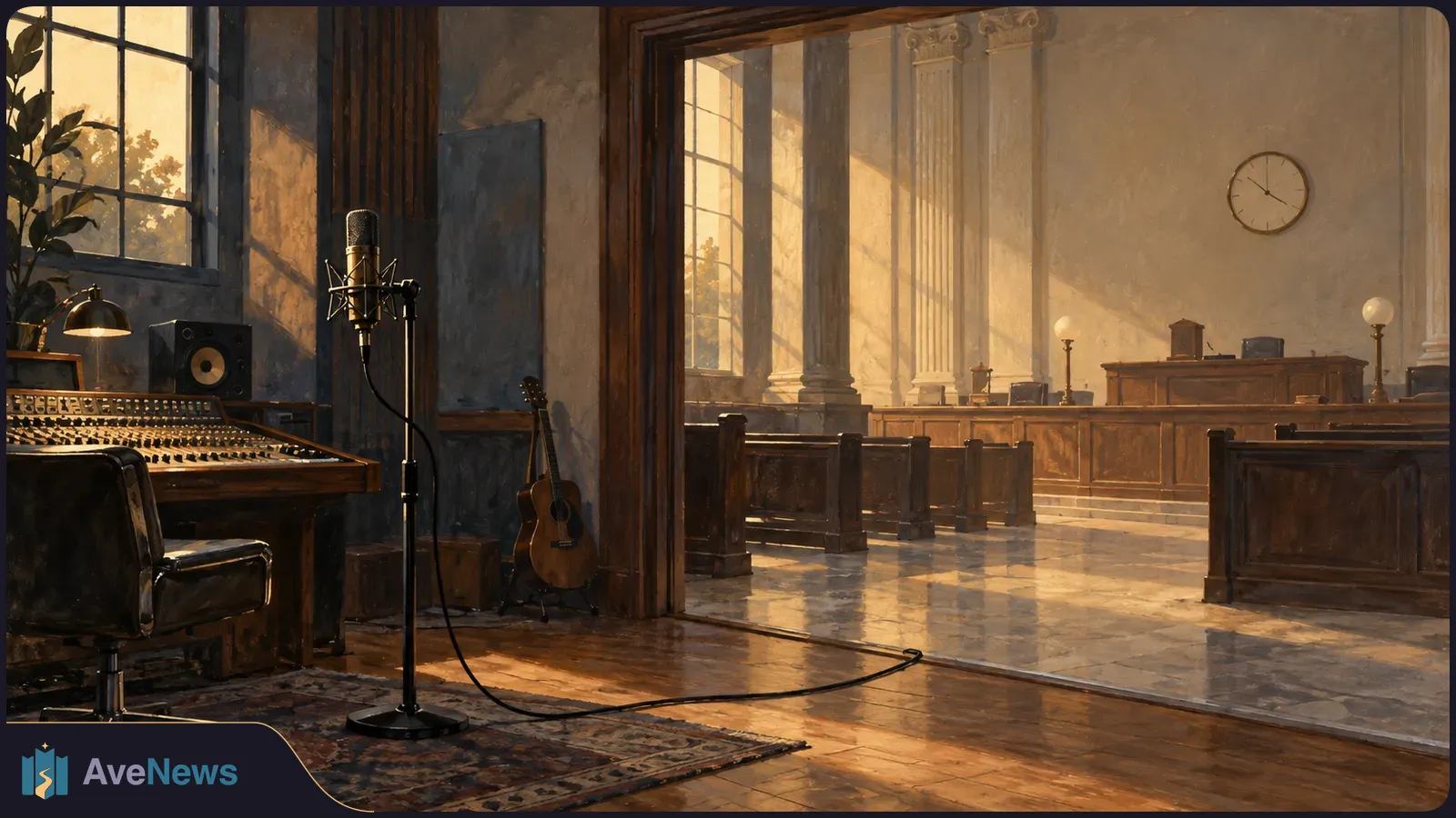 A microphone, mixing console and guitar in a sunlit recording studio; an empty courtroom with wooden benches is visible through the doorway. SI illustration