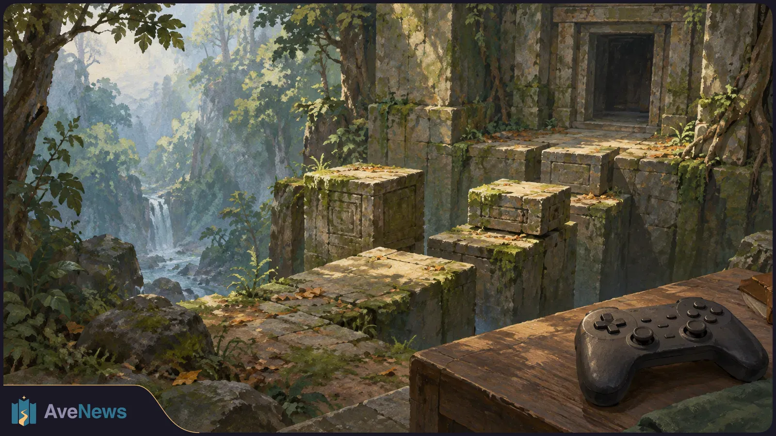 A painted forest ruin with mossy stone platforms leading to a dark doorway above a waterfall; a black game controller rests on a wooden table in the foreground. SI illustration