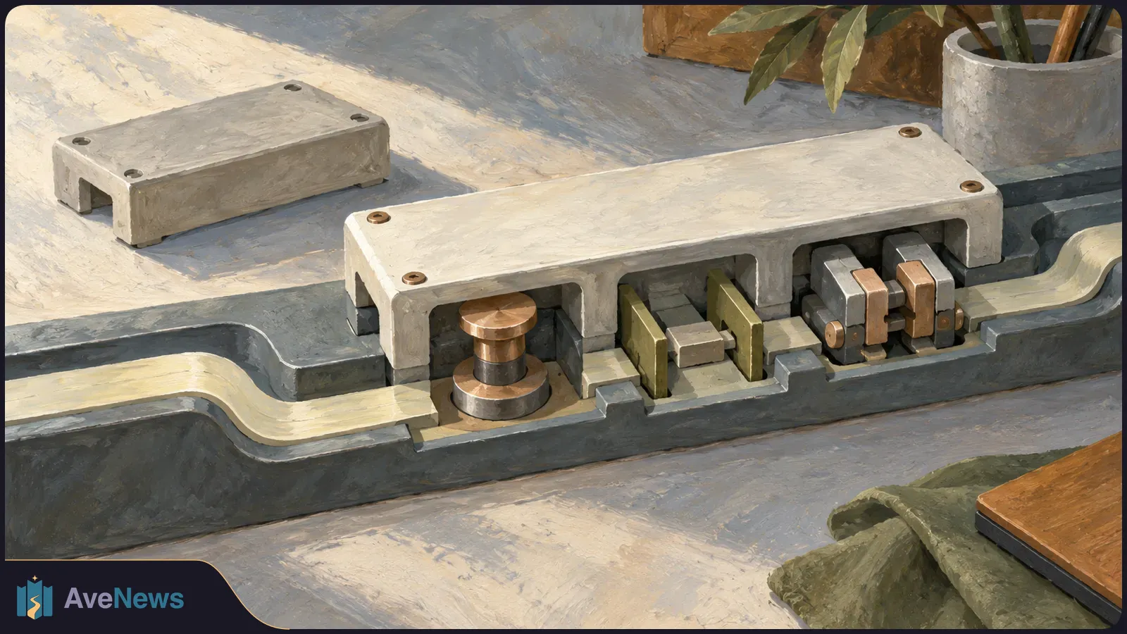 Painted cutaway of a gray mechanical channel with a cream-colored path, copper contacts and a bolted cover; a smaller cover and potted plant sit behind it. SI illustration
