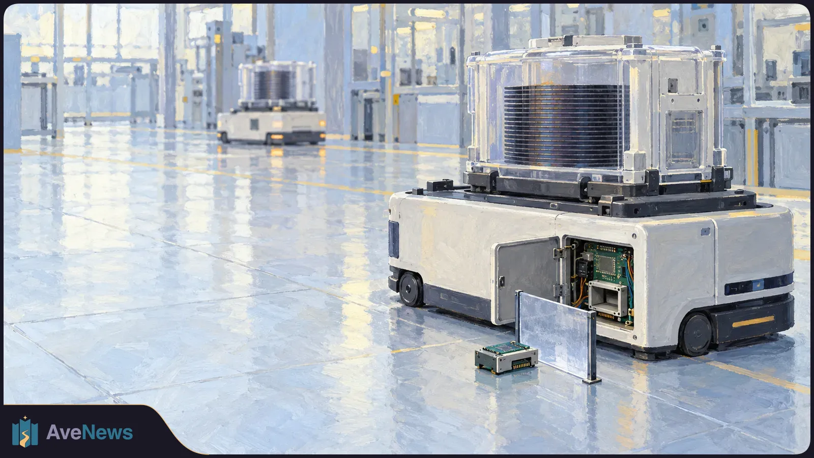 Painterly illustration of a white wheeled robot in a factory, its side compartment open to show electronics. A panel and small component rest on the floor; another robot is in the background. SI illustration