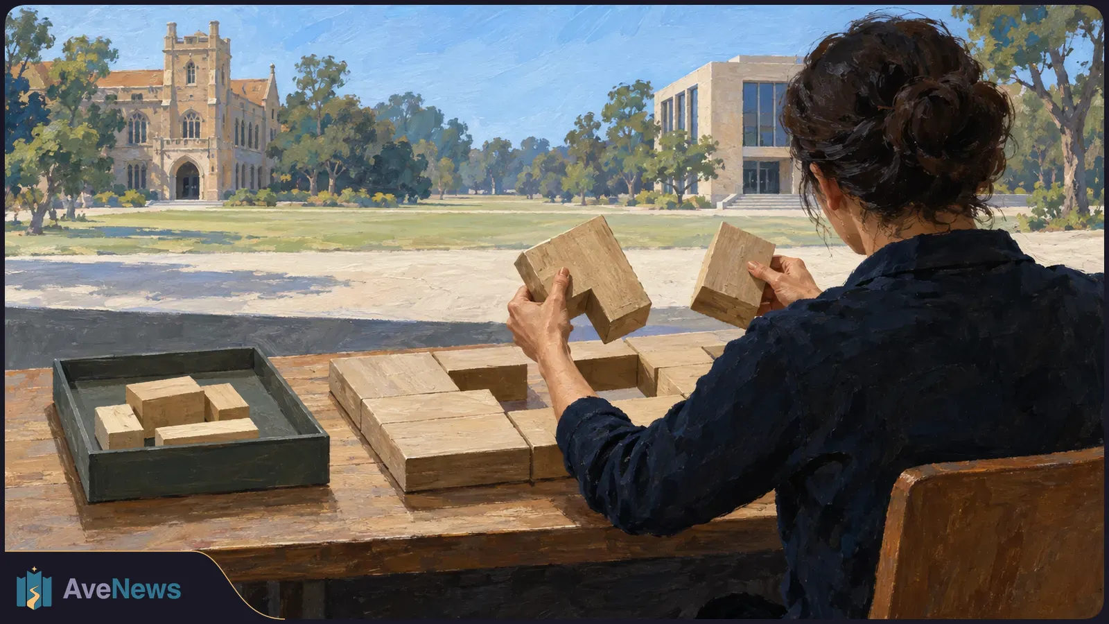 Painted scene of a woman seated at a table, holding two wooden blocks above more blocks, with two campus-style buildings across a lawn. SI illustration