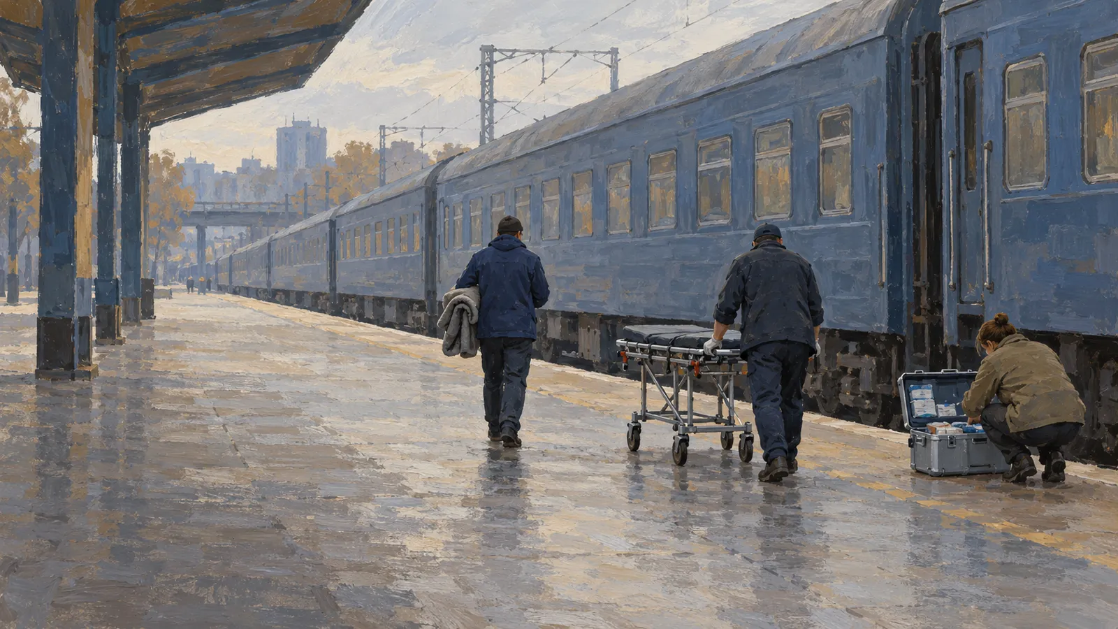 A painted railway platform beside a long blue train. One person carries a blanket, another pushes an empty stretcher, and a third crouches beside an open case. SI illustration