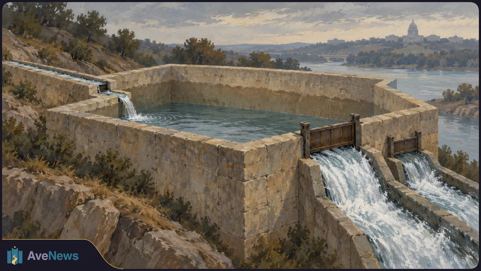 Painted stone reservoir with water flowing in and spilling through two gates; a river and a domed building appear in the distance. SI illustration