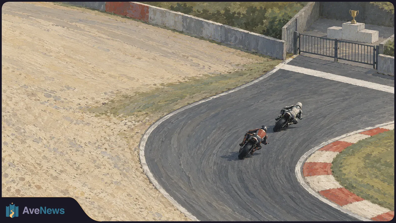 A painted overhead view of two helmeted motorcycle racers leaning through a track bend, with a gold trophy beyond a closed gate. SI illustration