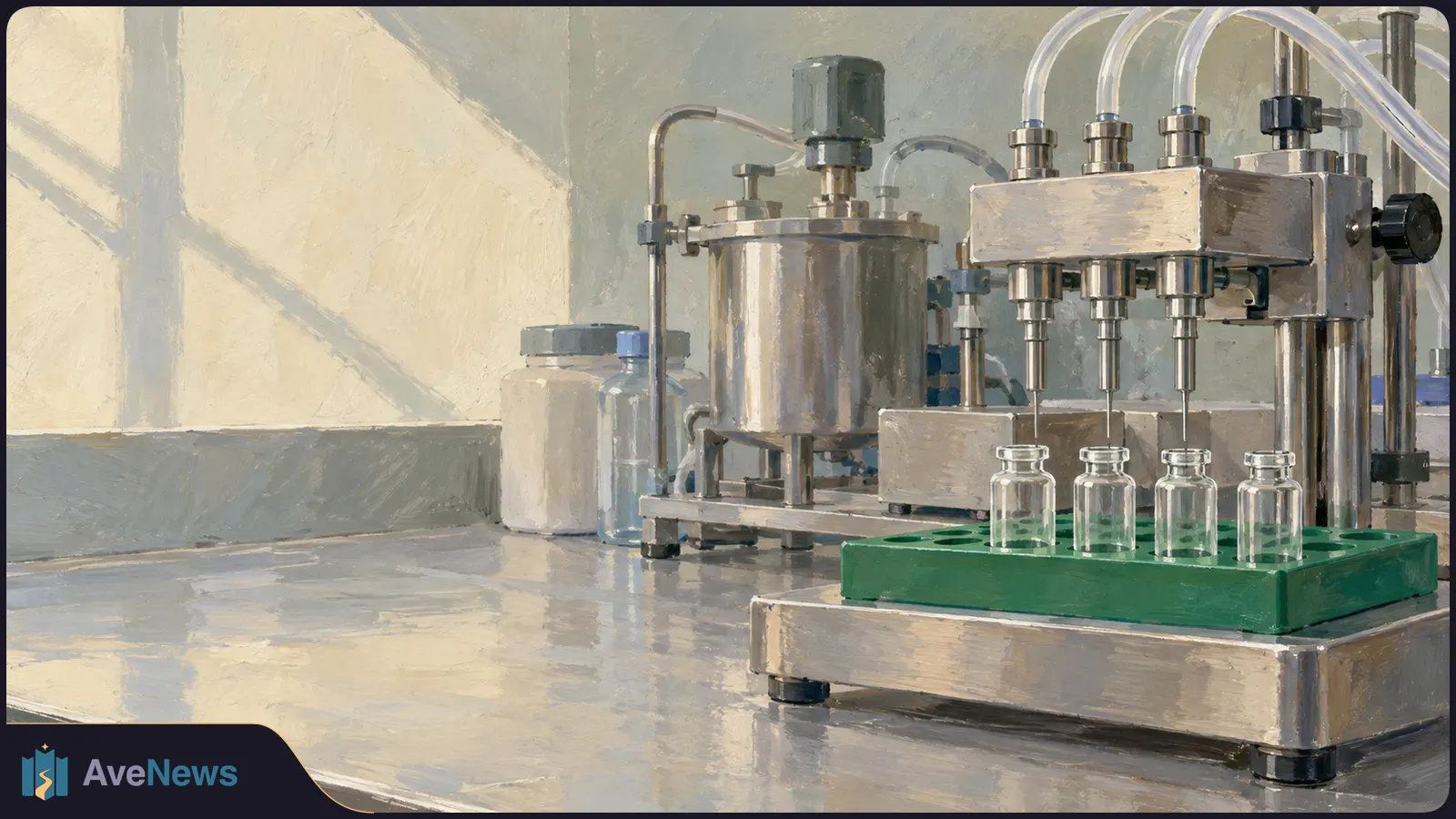 Painterly illustration of a stainless-steel vial-filling machine above four clear glass vials in a green tray on a laboratory bench. SI illustration