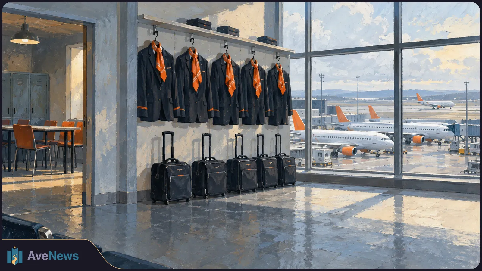 Dark crew uniforms with orange scarves hang above lined-up suitcases in an empty airport room. Parked passenger planes are visible through the windows. SI illustration