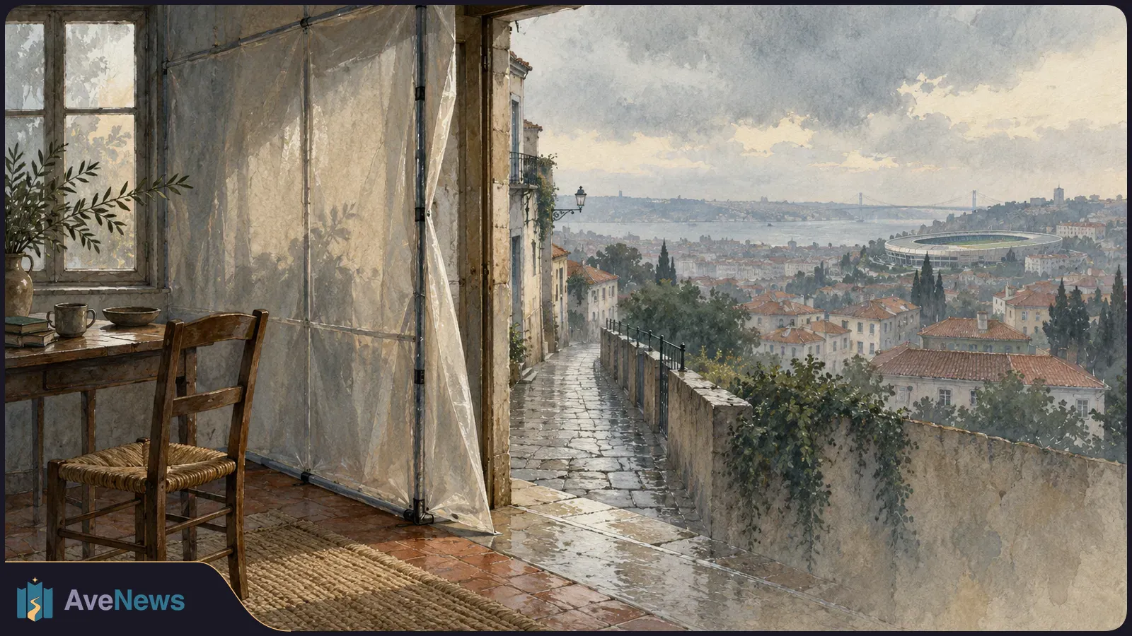 Painted view from a sparse room through an open doorway onto a wet stone path, red-roofed city and distant stadium beneath cloudy skies. SI illustration