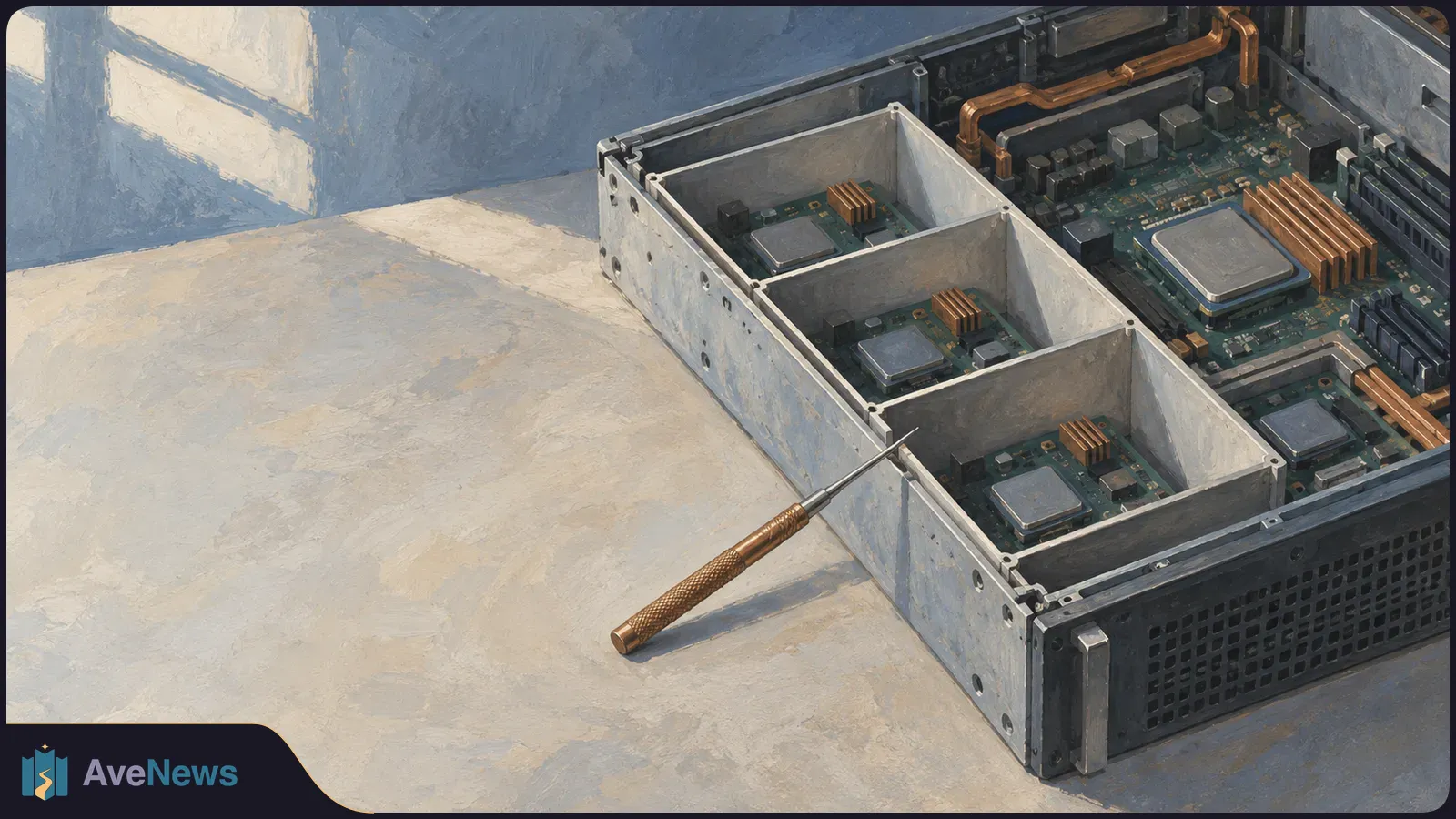 Painted illustration of an open server chassis with circuit boards separated by tall metal dividers. A screwdriver points toward one divider. SI illustration