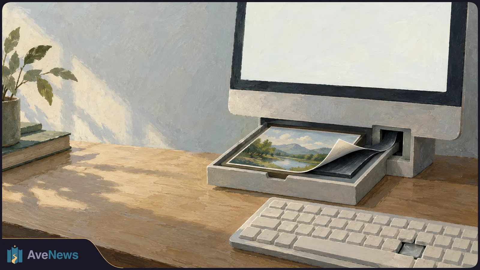 Painted desktop computer with a blank screen; a landscape picture curls over a dark strip in a tray beneath it. A keyboard and potted plant sit on the desk. SI illustration