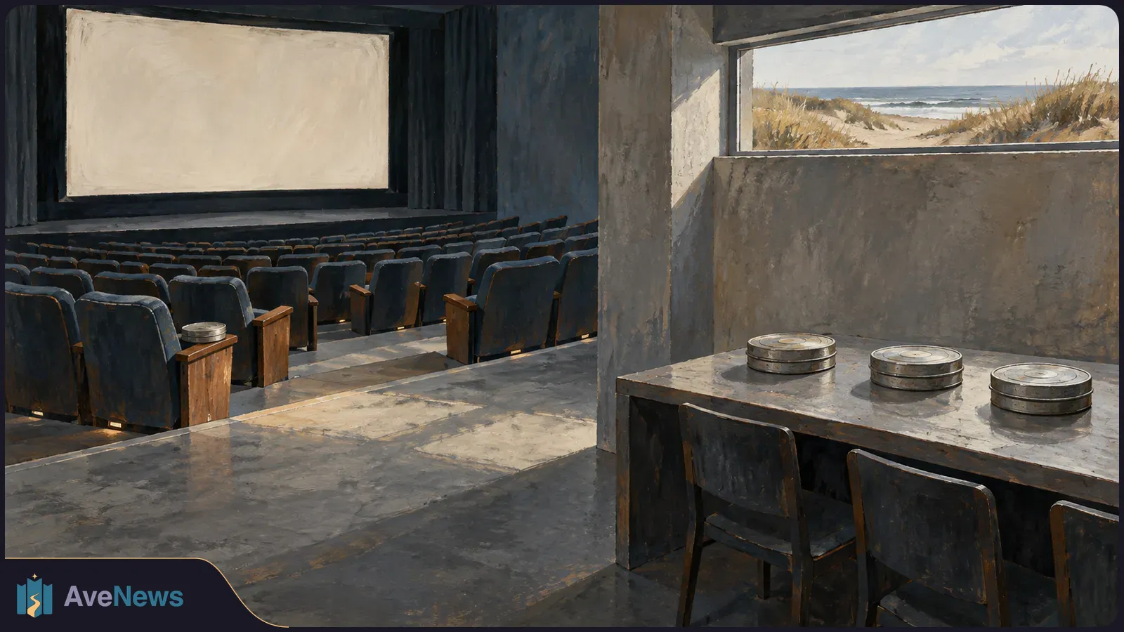 Painted empty cinema with rows of seats facing a blank screen, three film cans on a table, and a view of beach dunes and sea through a window. SI illustration