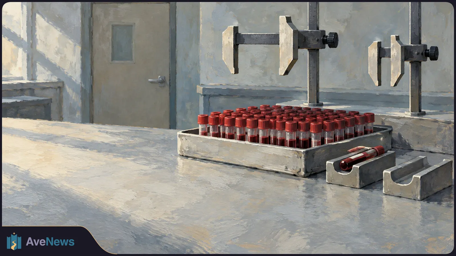 Painterly illustration of a tray of red-capped tubes holding dark red liquid on a lab bench, with two empty holders above and a closed door behind. SI illustration