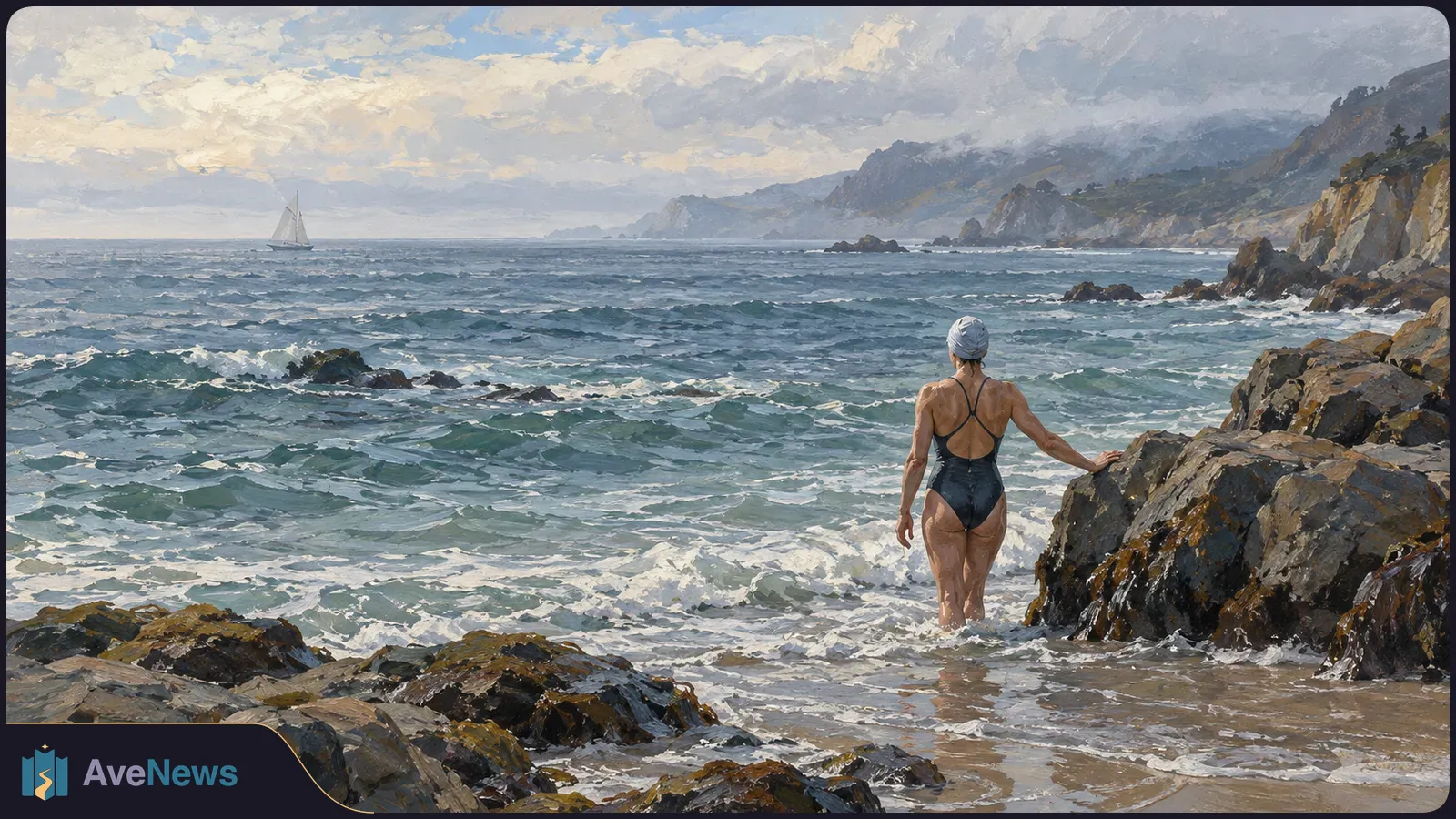 Painted coastal scene of a swimmer in a dark suit and cap standing in foamy surf beside rocks, facing the sea. A sailboat is offshore beneath a cloudy sky. SI illustration