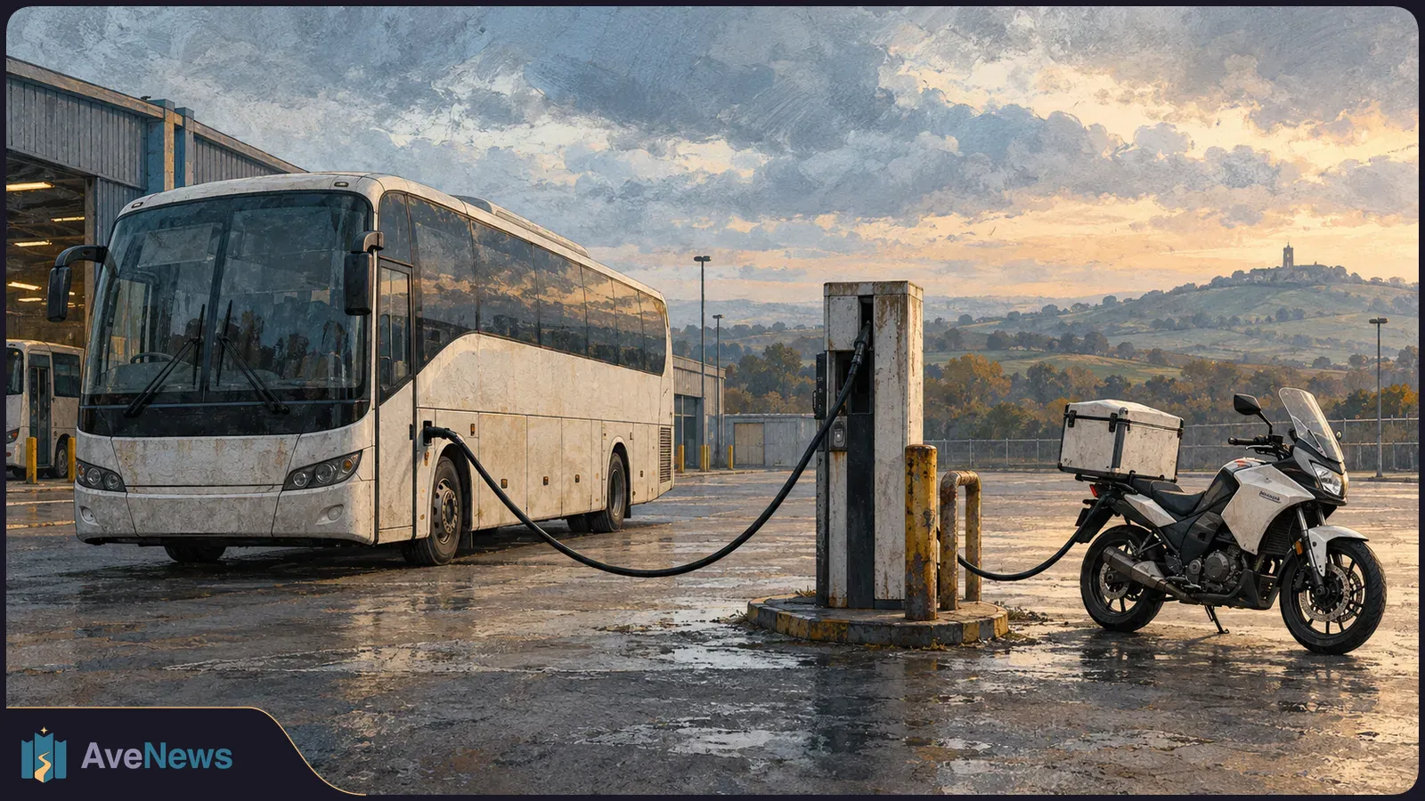 Painted scene of a white coach and motorcycle connected to a fuel pump on wet pavement beneath a cloudy sky. SI illustration