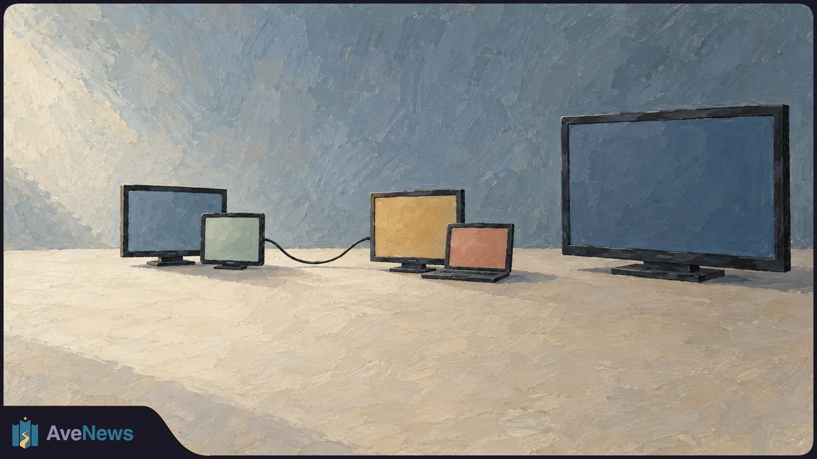 Painted illustration of five blank screens on a pale surface. A cable links a small screen on the left to one near the center, while a large television stands apart on the right. SI illustration