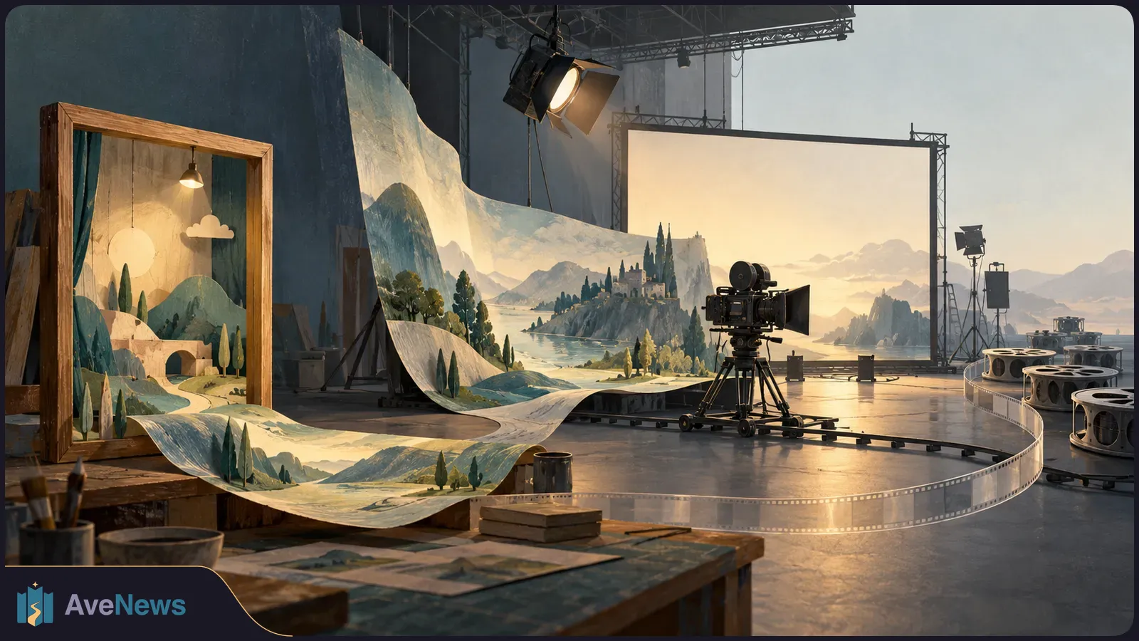 A studio camera faces a painted mountain backdrop that unfurls from a wooden frame across the floor. Lights, a large screen and a winding filmstrip surround it. SI illustration