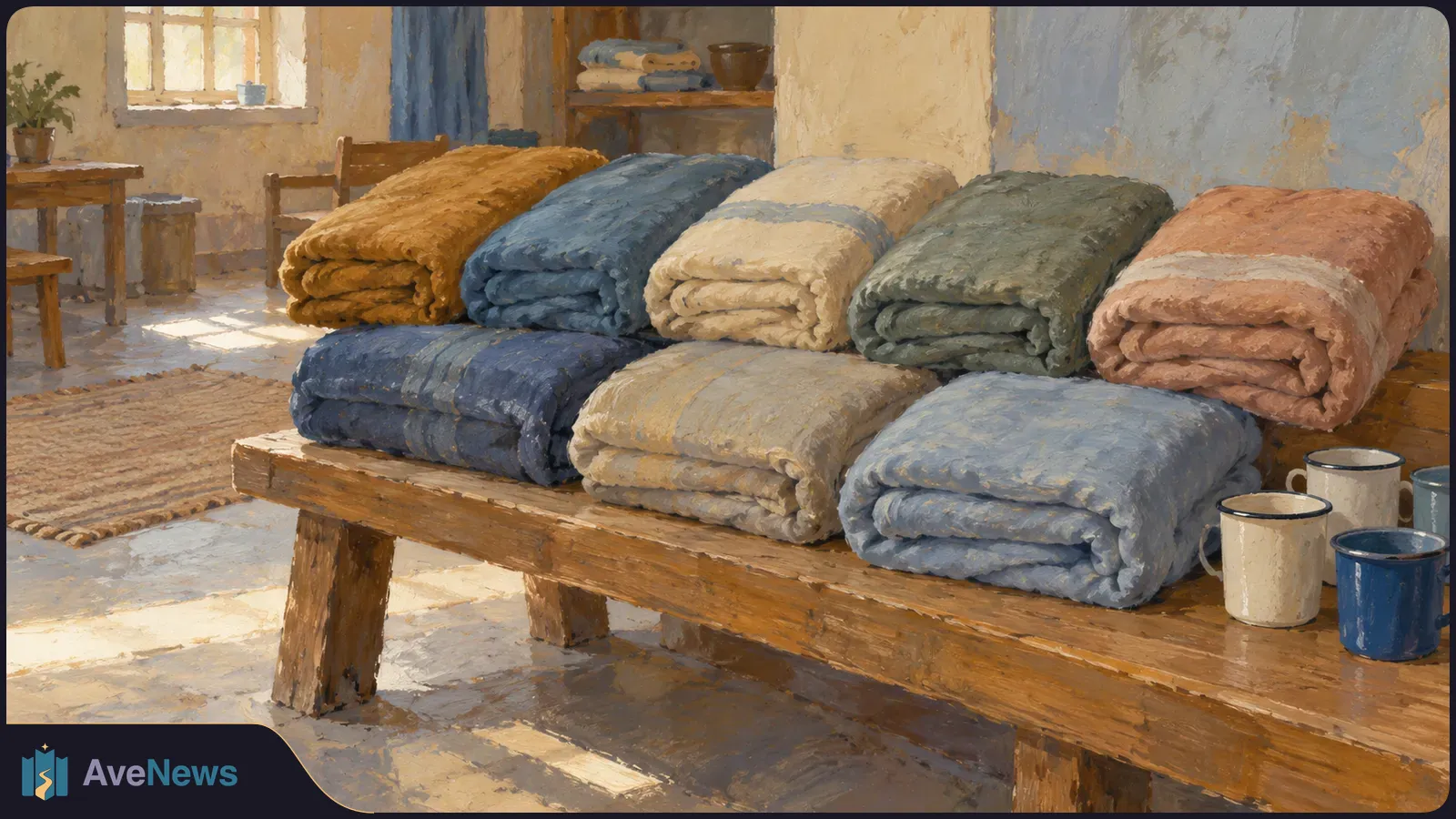 Painterly image of folded blankets stacked on a wooden table beside enamel mugs in a sunlit room. SI illustration