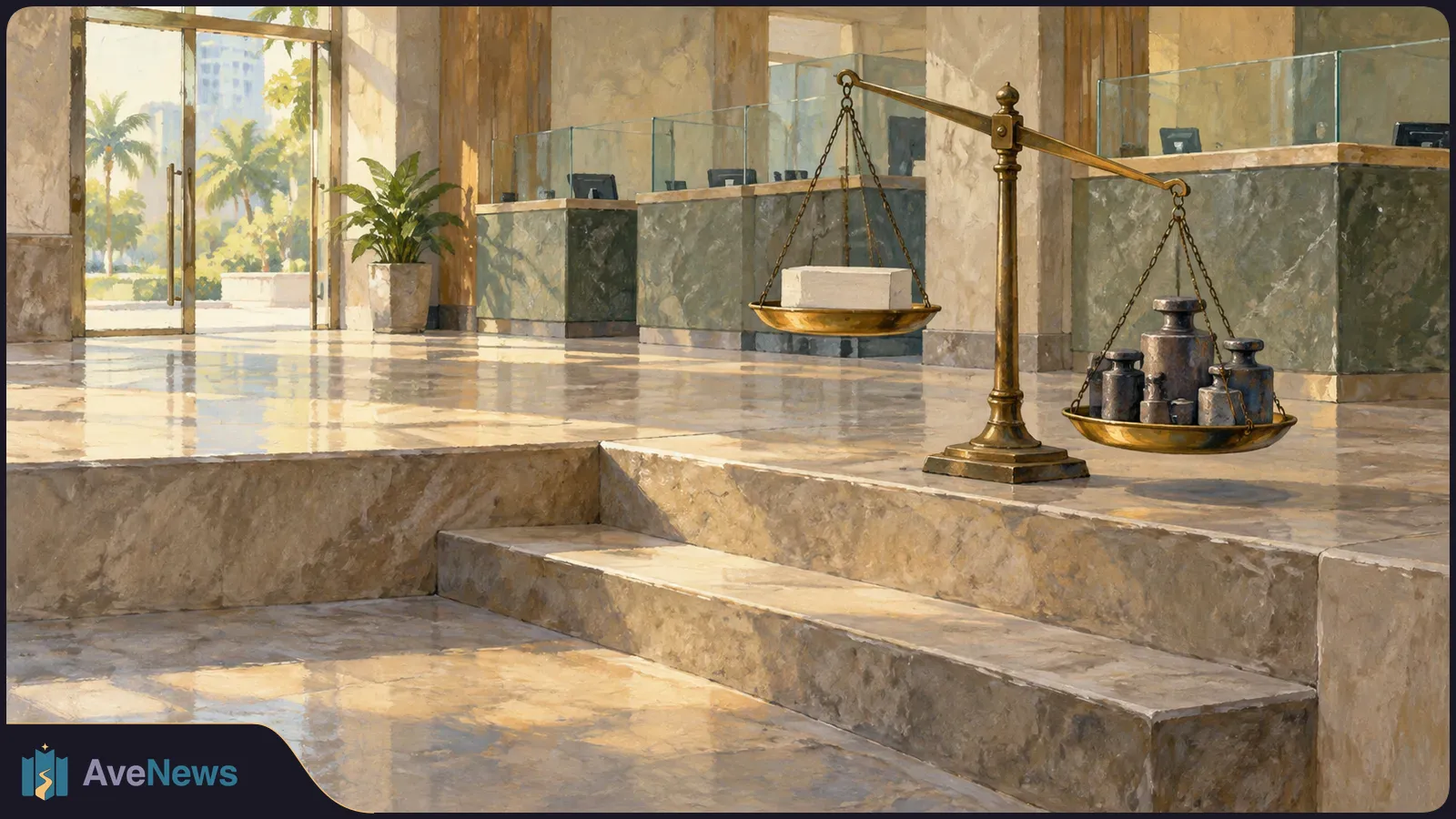 Painterly bank lobby with counters, glass partitions and a large brass balance. A white block rests on the raised pan; dark weights fill the lowered pan. SI illustration