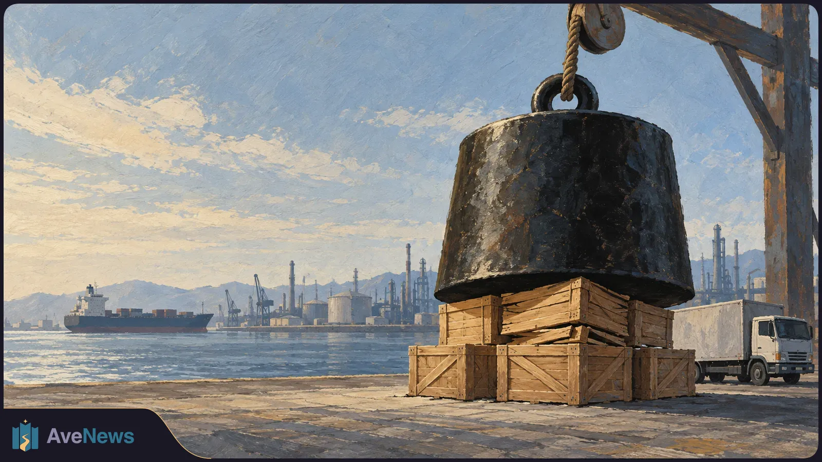 Painterly harbor scene with a large dark metal weight suspended above wooden crates; a cargo ship, industrial towers and a white truck sit beside the water. SI illustration