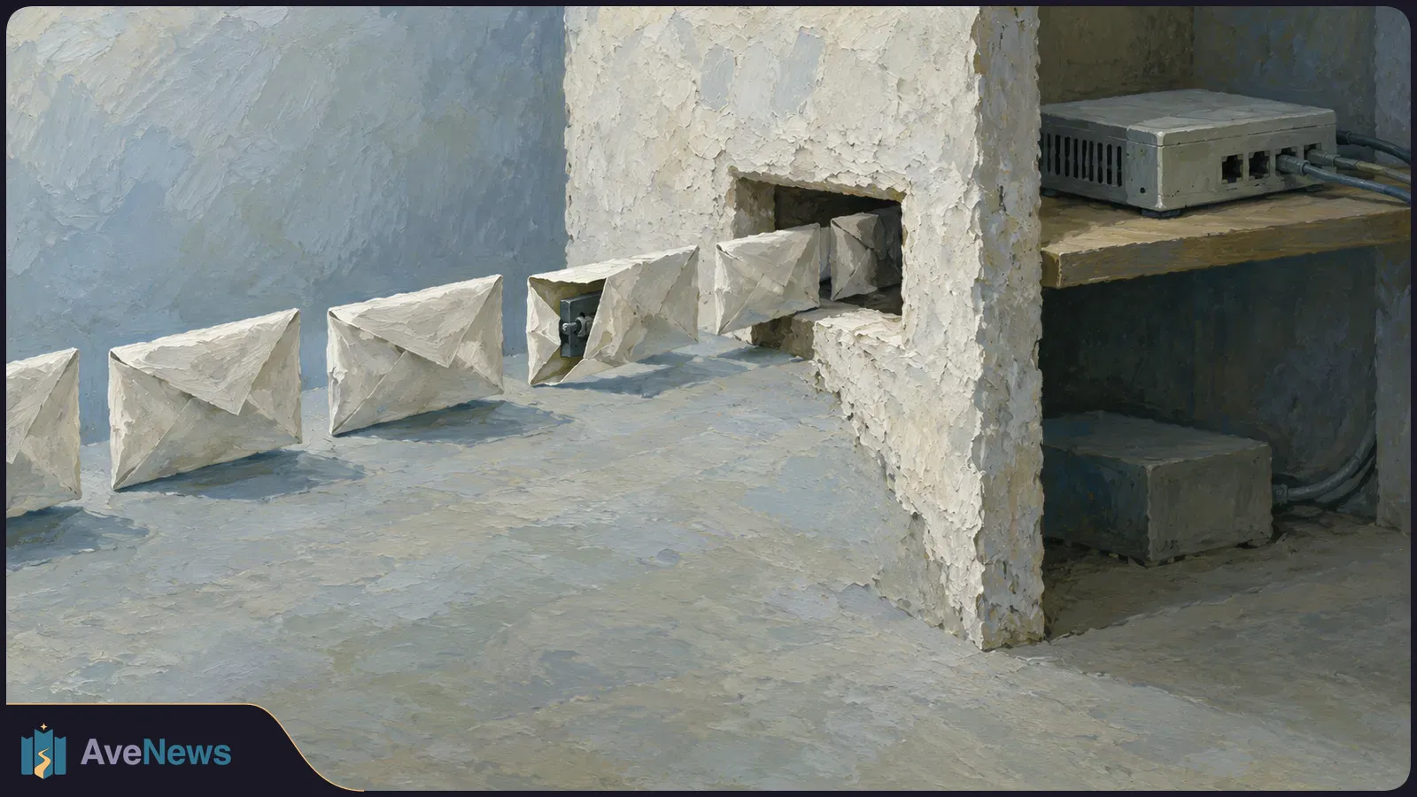 A painted row of pale envelopes leads across a bare floor into a wall opening; a cabled network device sits on a shelf to the right. SI illustration