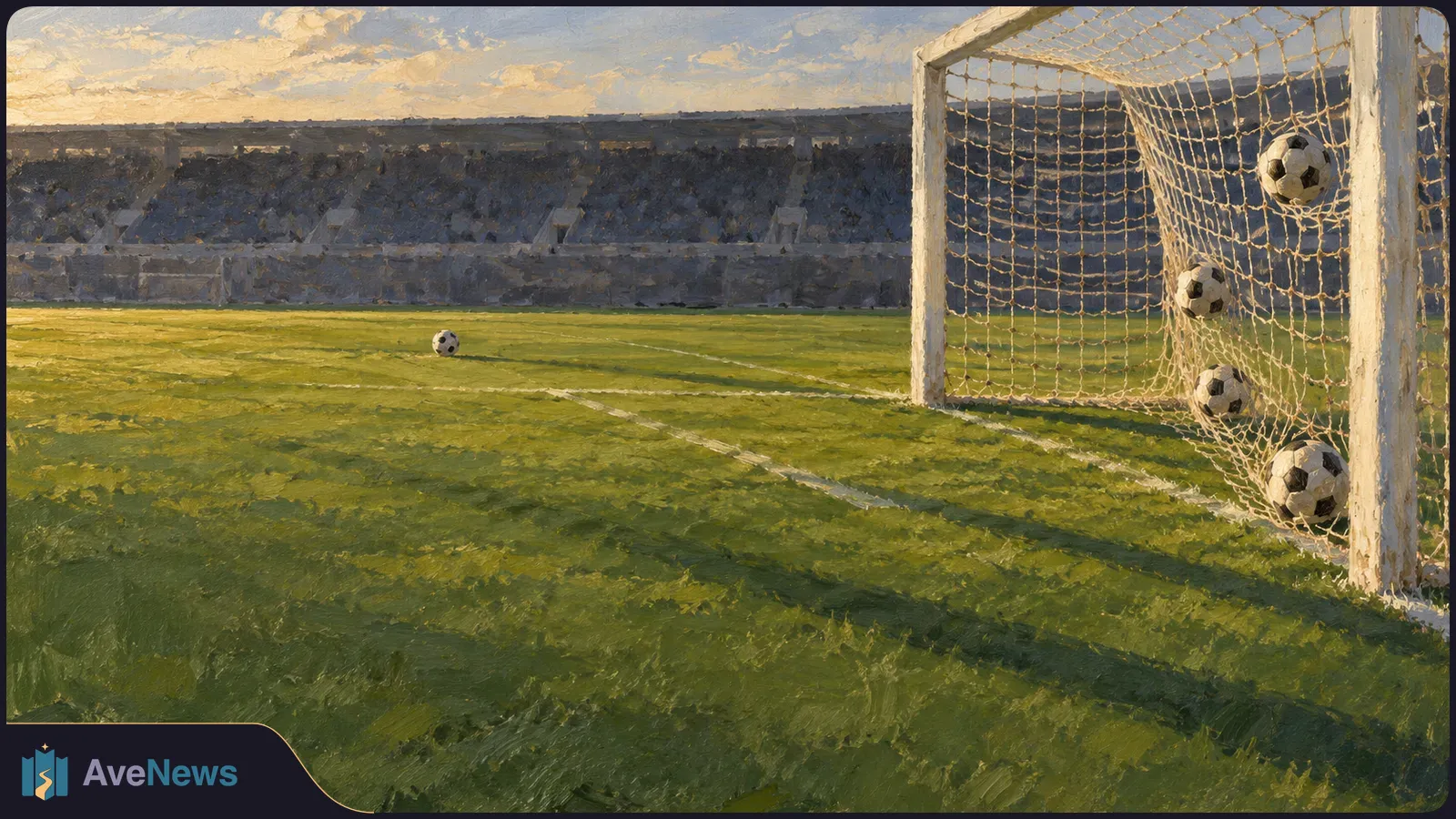 Painterly football stadium with four balls in the goal net and a fifth on the grass nearby. SI illustration