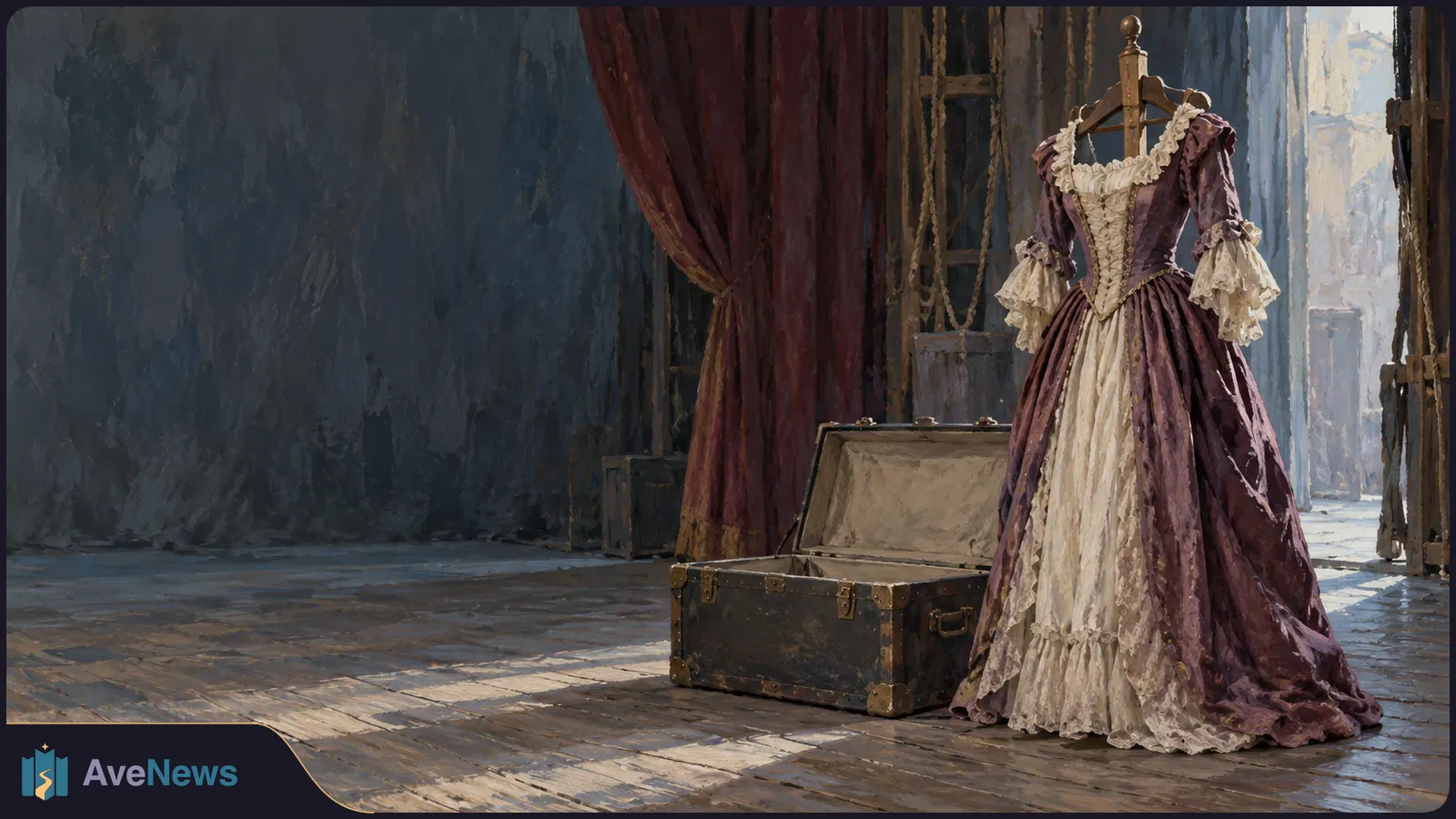 A purple and cream period gown hangs on a wooden stand beside an open trunk, with a red curtain and daylight falling across the wooden floor. SI illustration