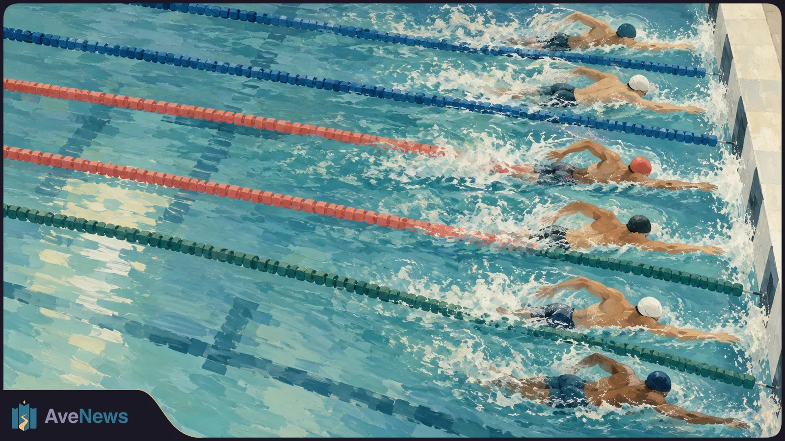 Painterly overhead view of six swimmers in separate pool lanes, their arms cutting through turquoise water beside blue, red and green lane dividers. SI illustration