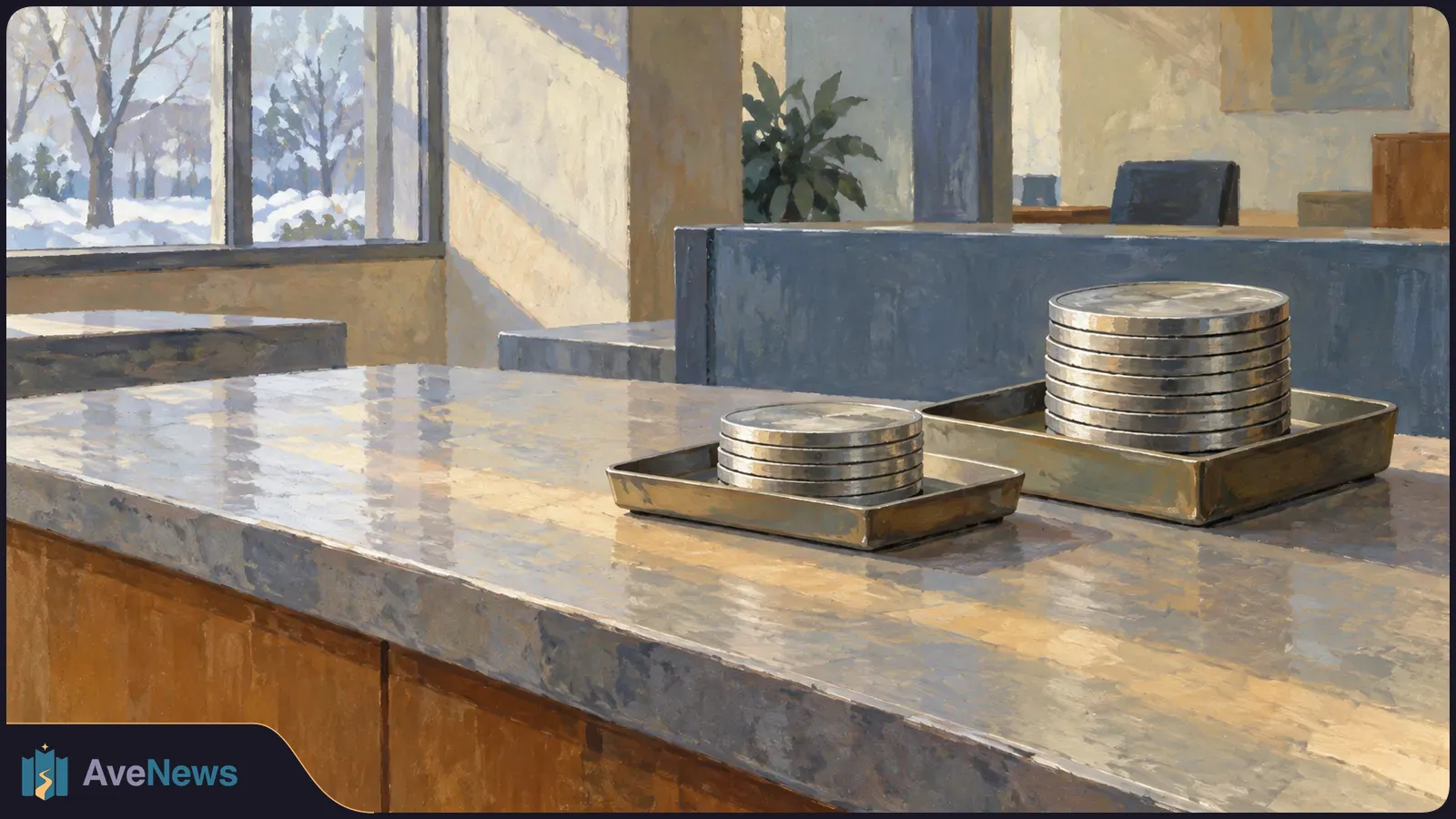 Two stacks of silver coins sit in metal trays on a broad counter. Snowy trees are visible through a window behind them. SI illustration