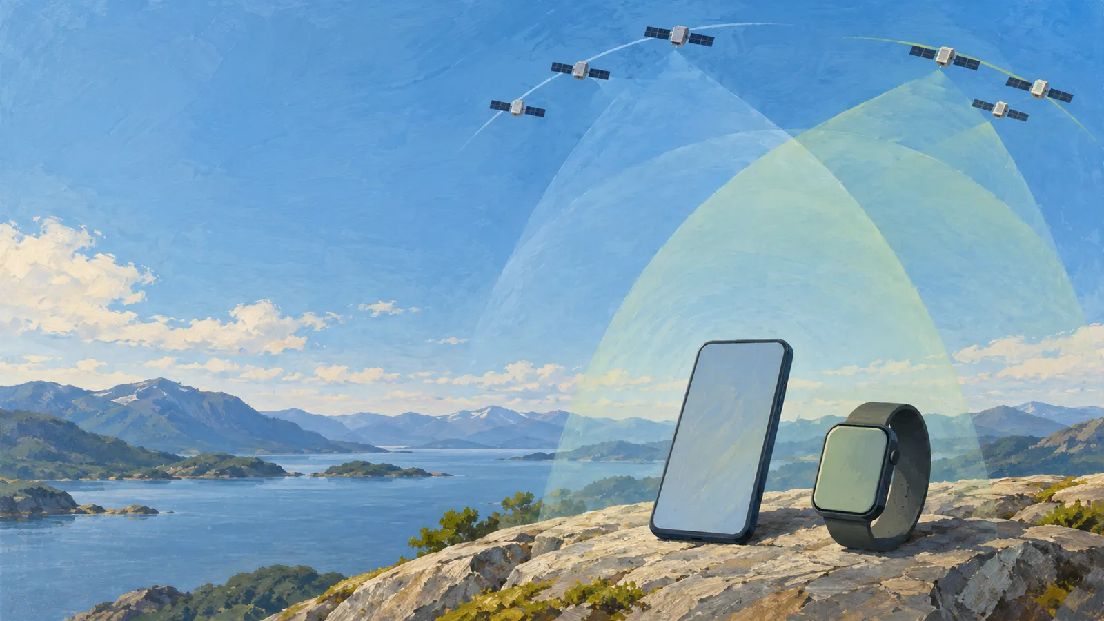 A phone and smartwatch with blank screens sit on a rocky overlook above a mountain lake, beneath satellites casting overlapping translucent beams. SI illustration