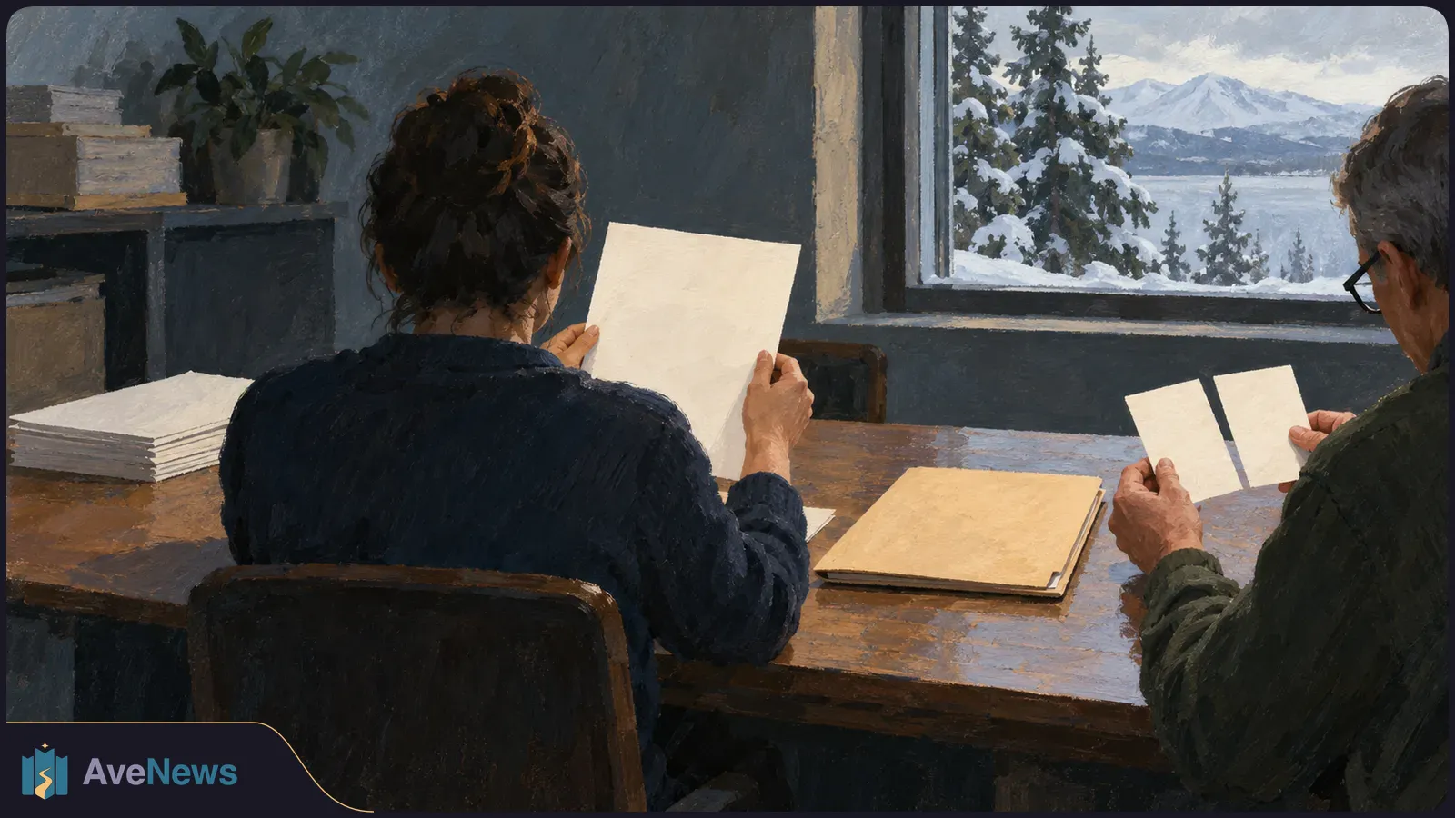 Painting of two people seen from behind examining blank sheets of paper at a wooden table, with snowy trees and mountains visible through a window. SI illustration